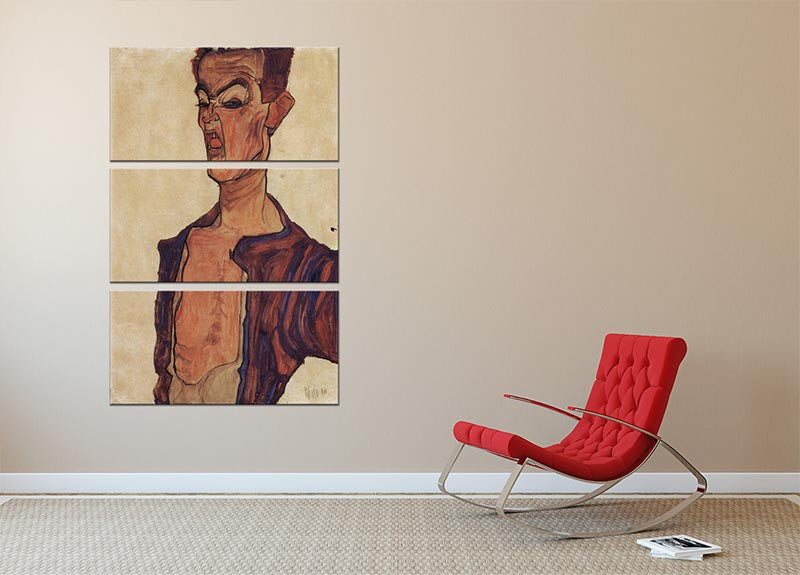 Three-panel canvas art featuring Egon Schiele's Self-Portrait a grimace scissoring, showcasing vibrant colors and intricate details.