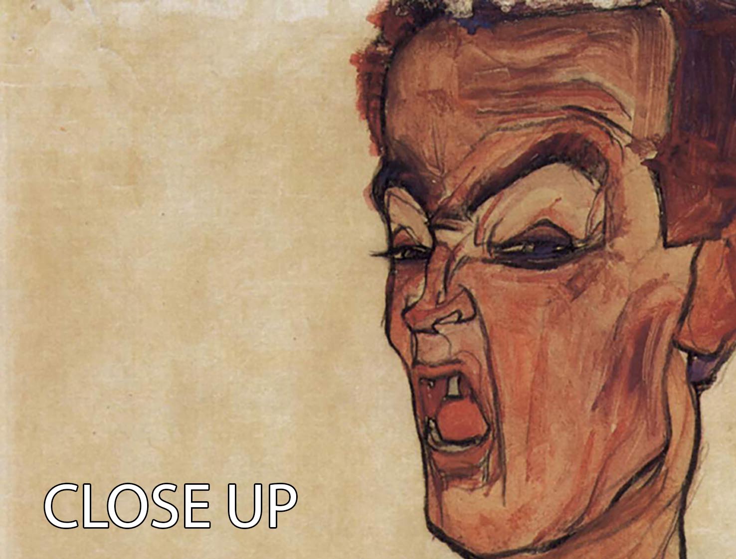 Three-panel canvas art featuring Egon Schiele's Self-Portrait a grimace scissoring, showcasing vibrant colors and intricate details.