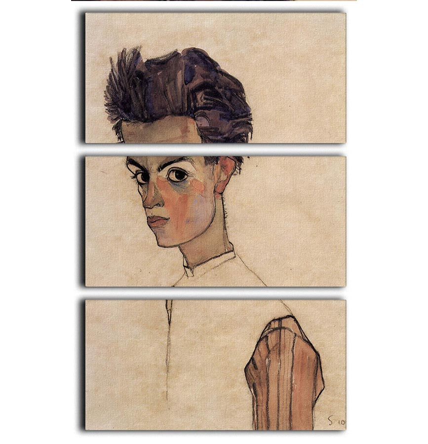 Three-panel canvas print featuring Egon Schiele's self-portrait, showcasing vibrant colors and intricate details.