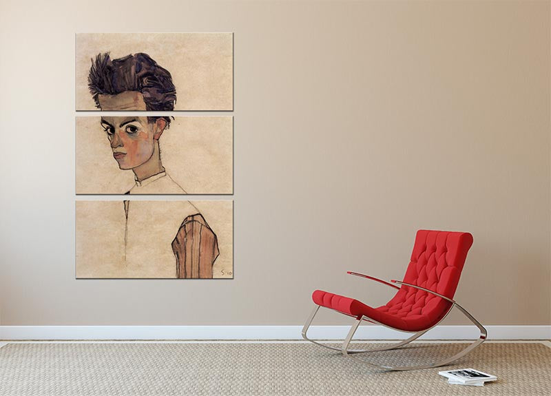 Three-panel canvas print featuring Egon Schiele's self-portrait, showcasing vibrant colors and intricate details.