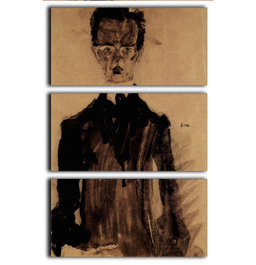 Three-panel canvas art featuring Egon Schiele's Self-Portrait in a black robe, showcasing vibrant colors and intricate details.
