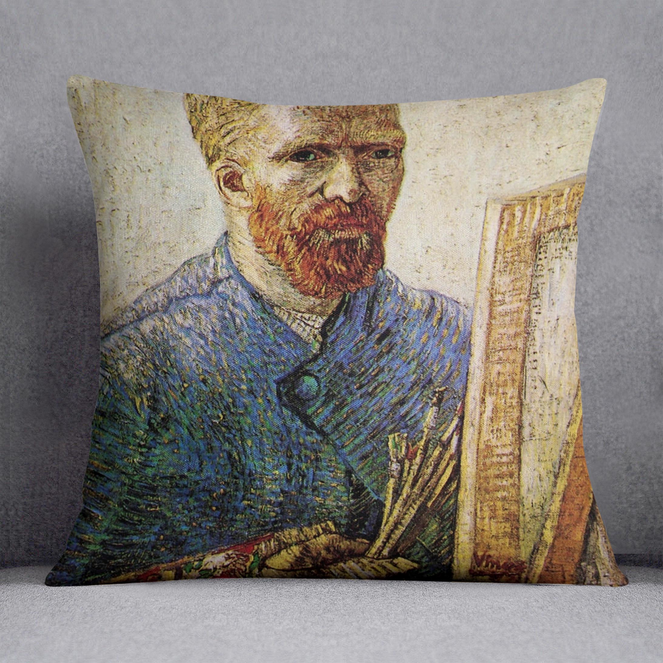A vibrant cushion featuring Van Gogh's Self-Portrait in Front of the Easel, made from luxurious vegan faux suede.