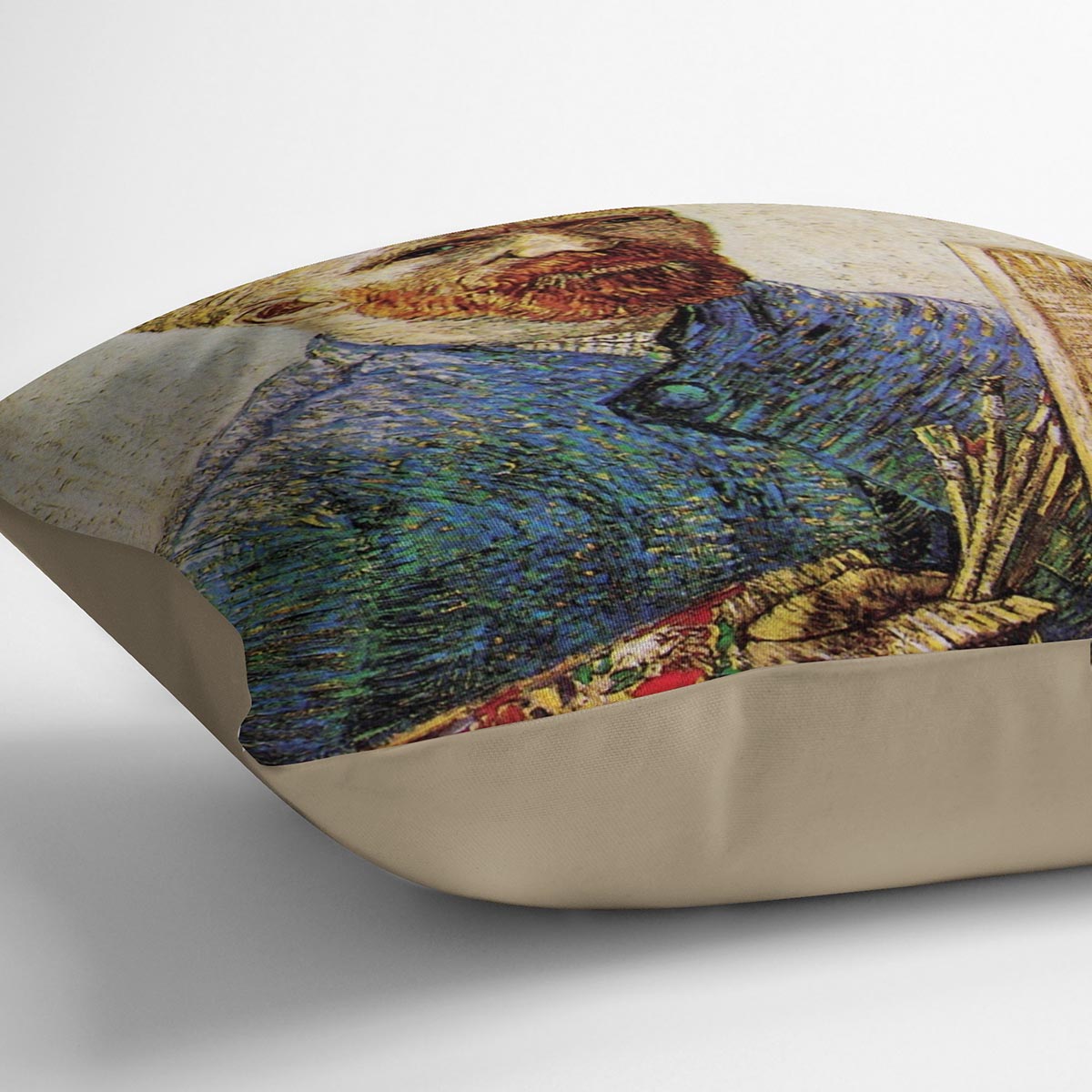 A vibrant cushion featuring Van Gogh's Self-Portrait in Front of the Easel, made from luxurious vegan faux suede.