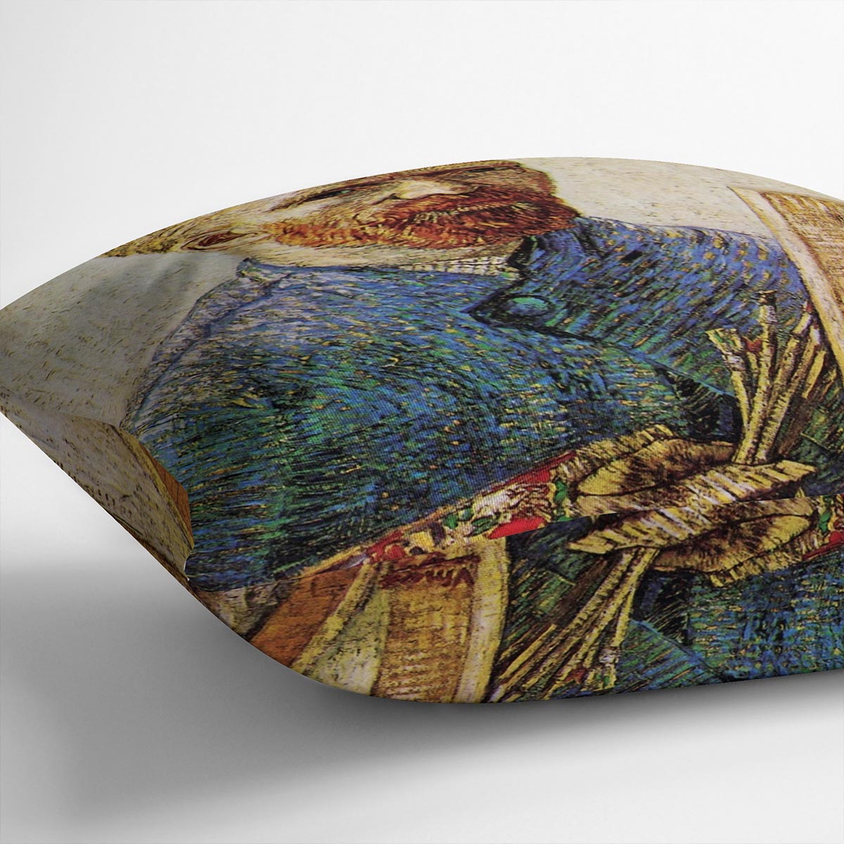 A vibrant cushion featuring Van Gogh's Self-Portrait in Front of the Easel, made from luxurious vegan faux suede.