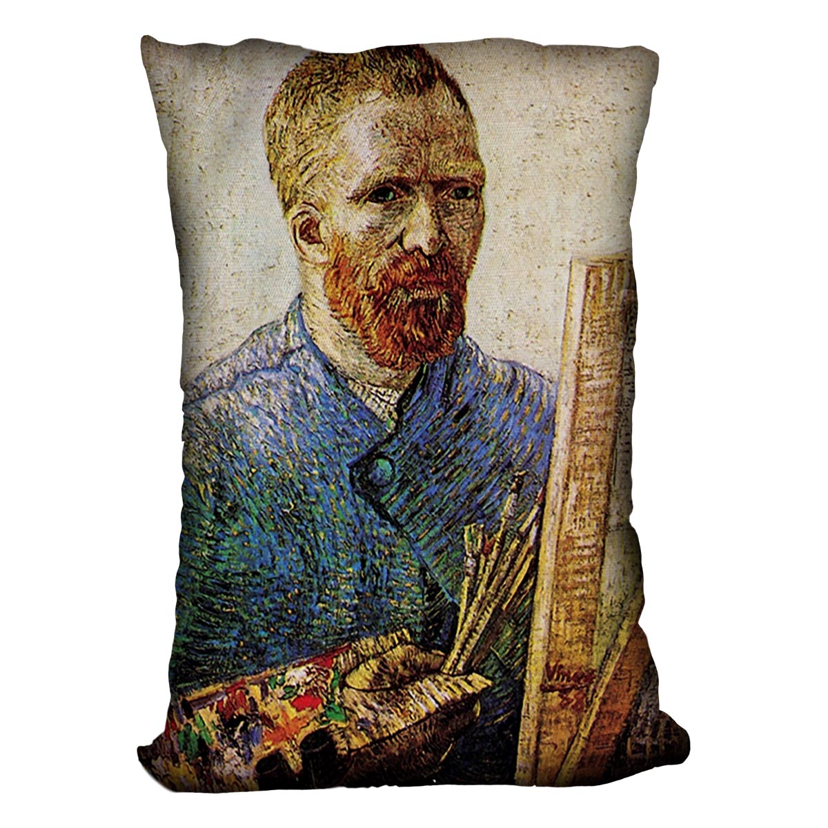 A vibrant cushion featuring Van Gogh's Self-Portrait in Front of the Easel, made from luxurious vegan faux suede.