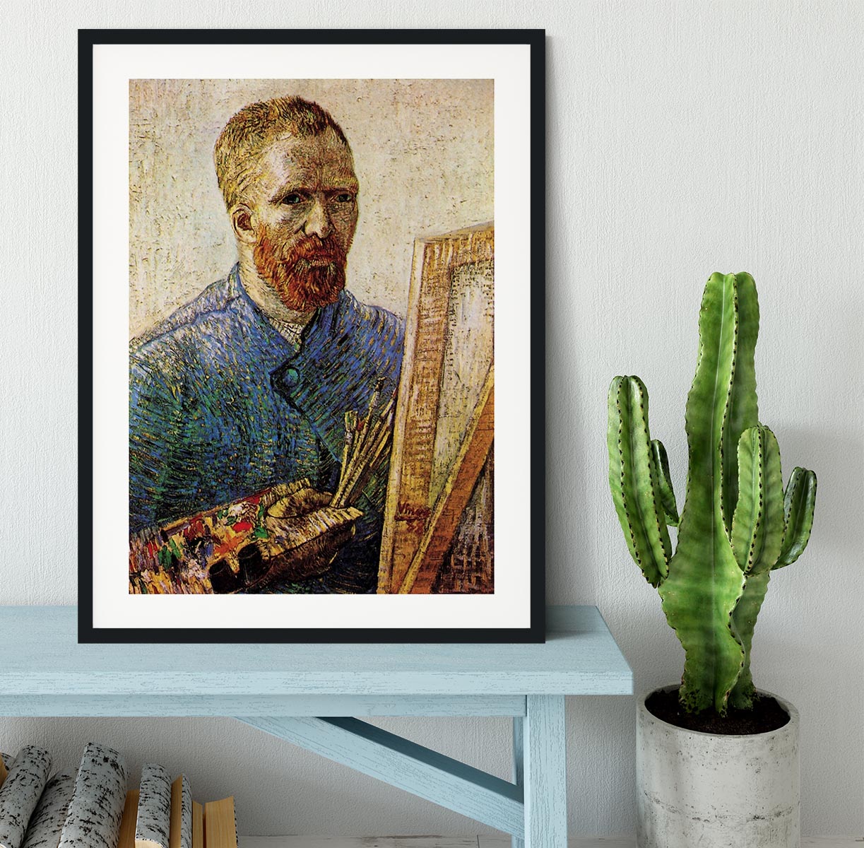 Framed print of Van Gogh's Self-Portrait in Front of the Easel, showcasing vibrant colors and intricate details.