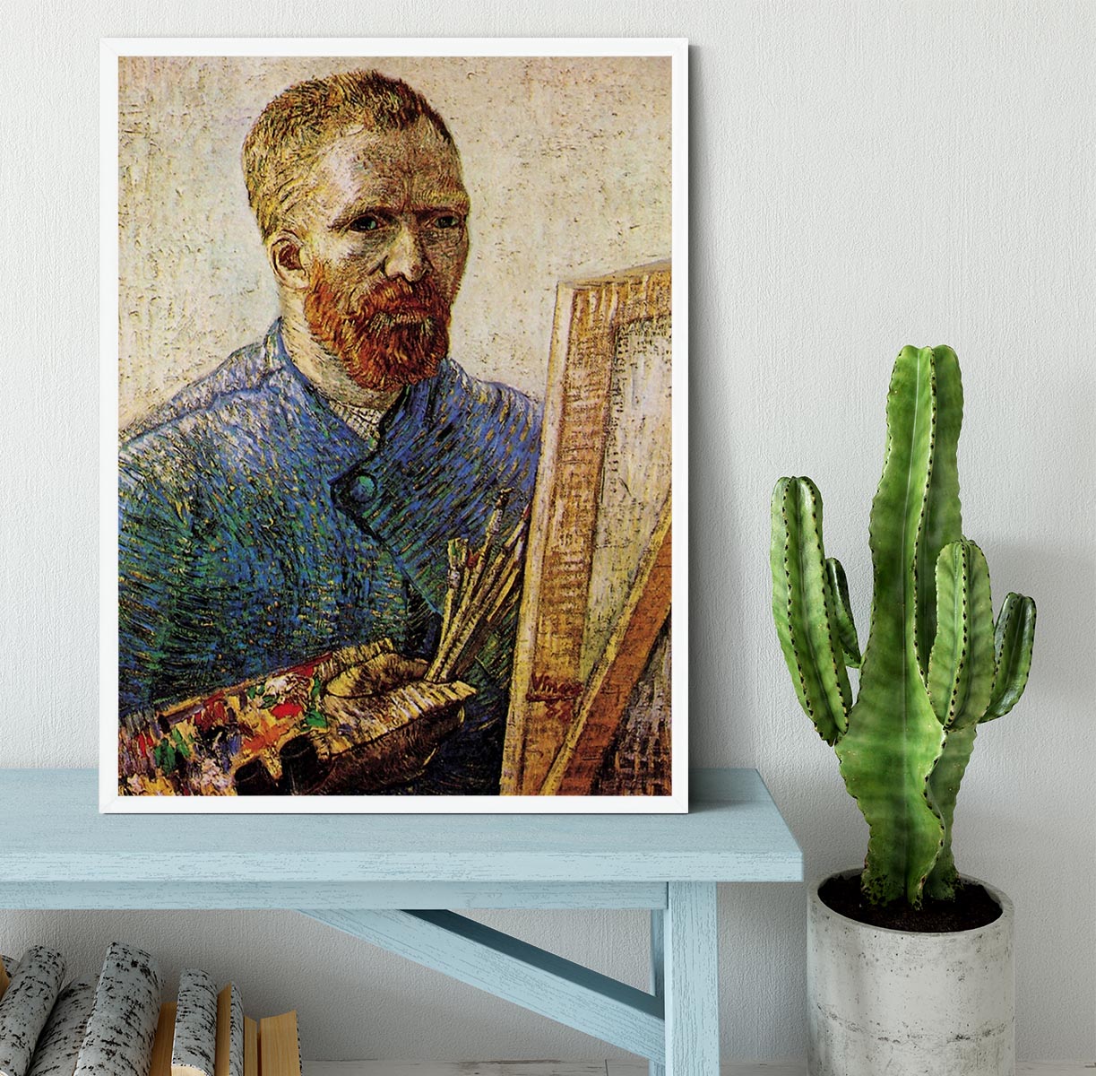 Framed print of Van Gogh's Self-Portrait in Front of the Easel, showcasing vibrant colors and intricate details.