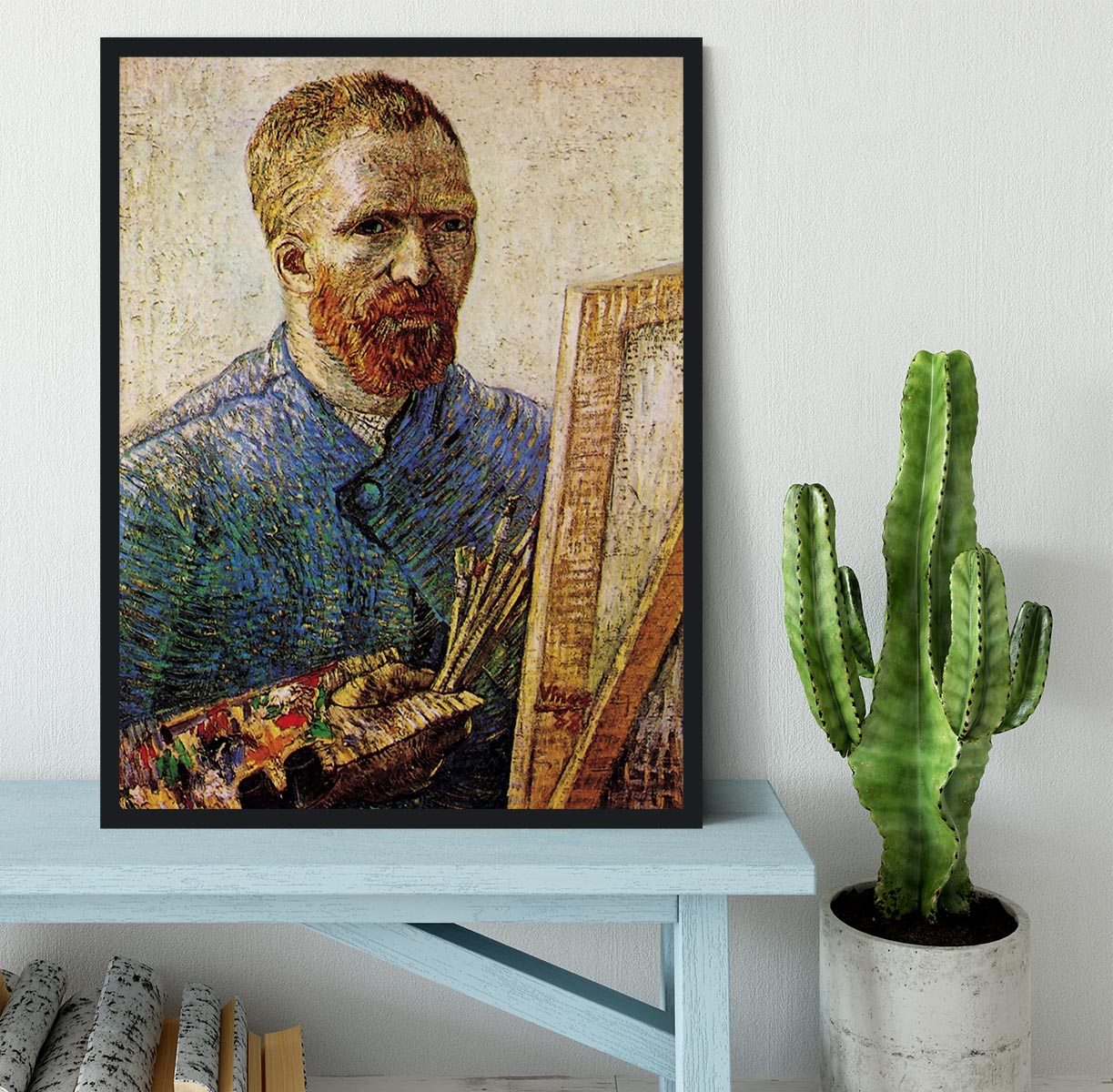 Framed print of Van Gogh's Self-Portrait in Front of the Easel, showcasing vibrant colors and intricate details.