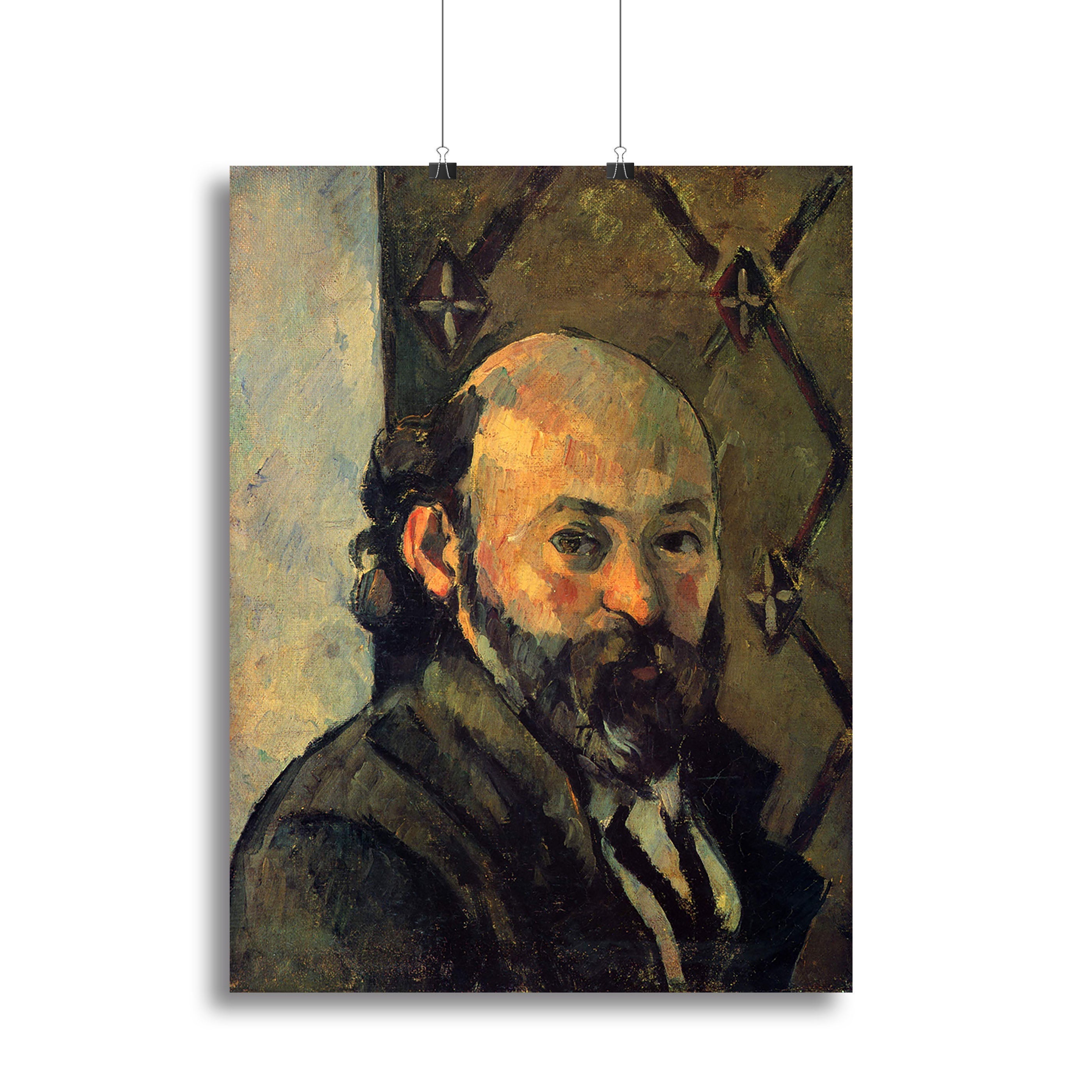 Canvas print of Cezanne's Self-portrait in front of wallpaper, showcasing vibrant colors and intricate details.