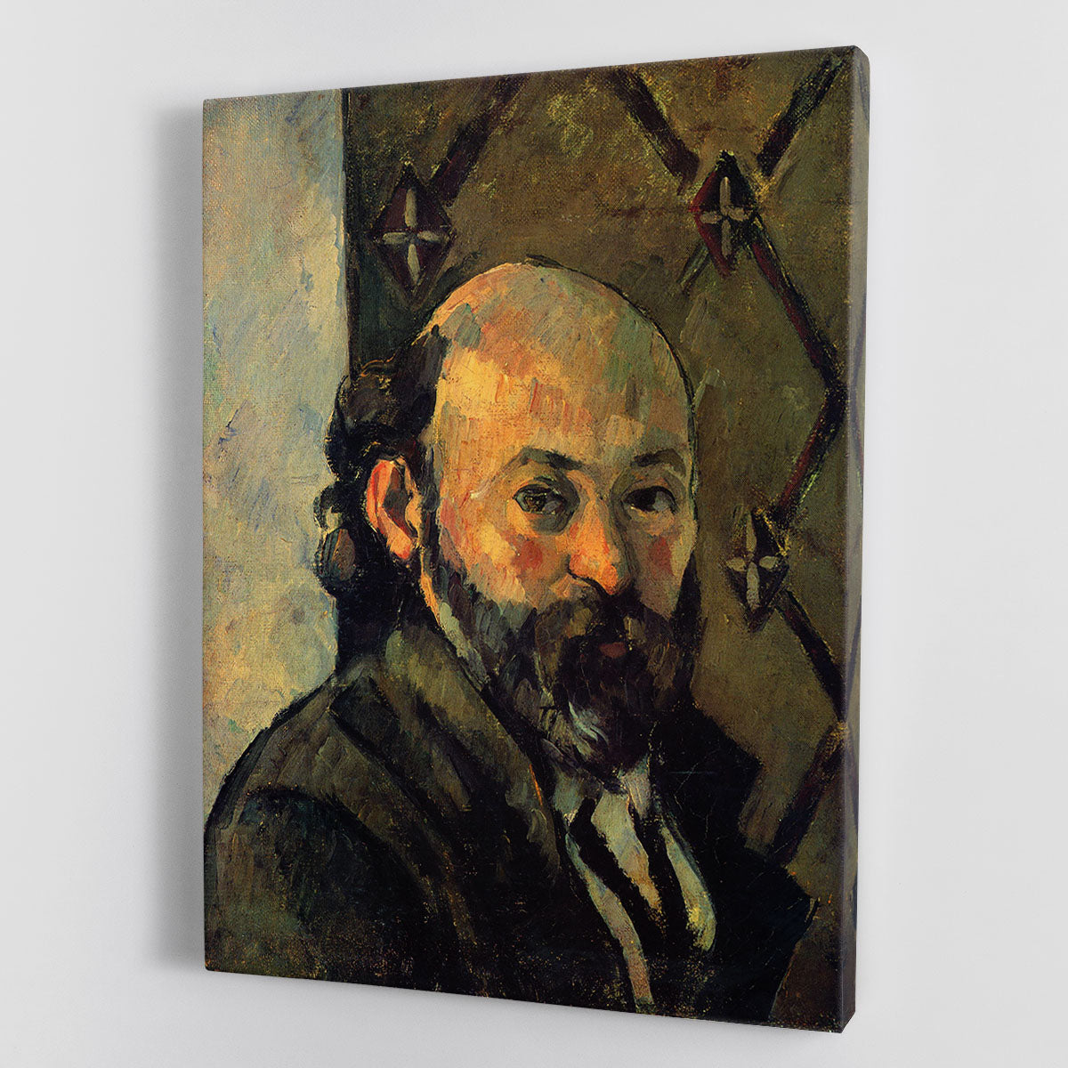 Canvas print of Cezanne's Self-portrait in front of wallpaper, showcasing vibrant colors and intricate details.