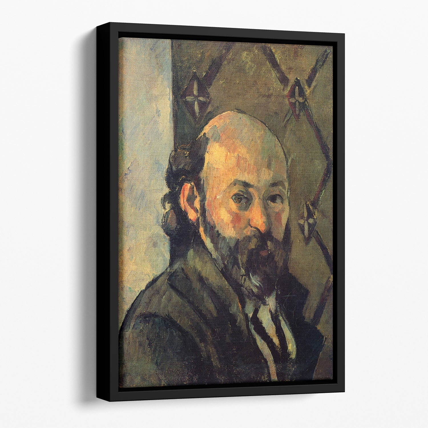 Self-portrait by Cezanne displayed in an elegant floating frame, showcasing vibrant colors and intricate details.