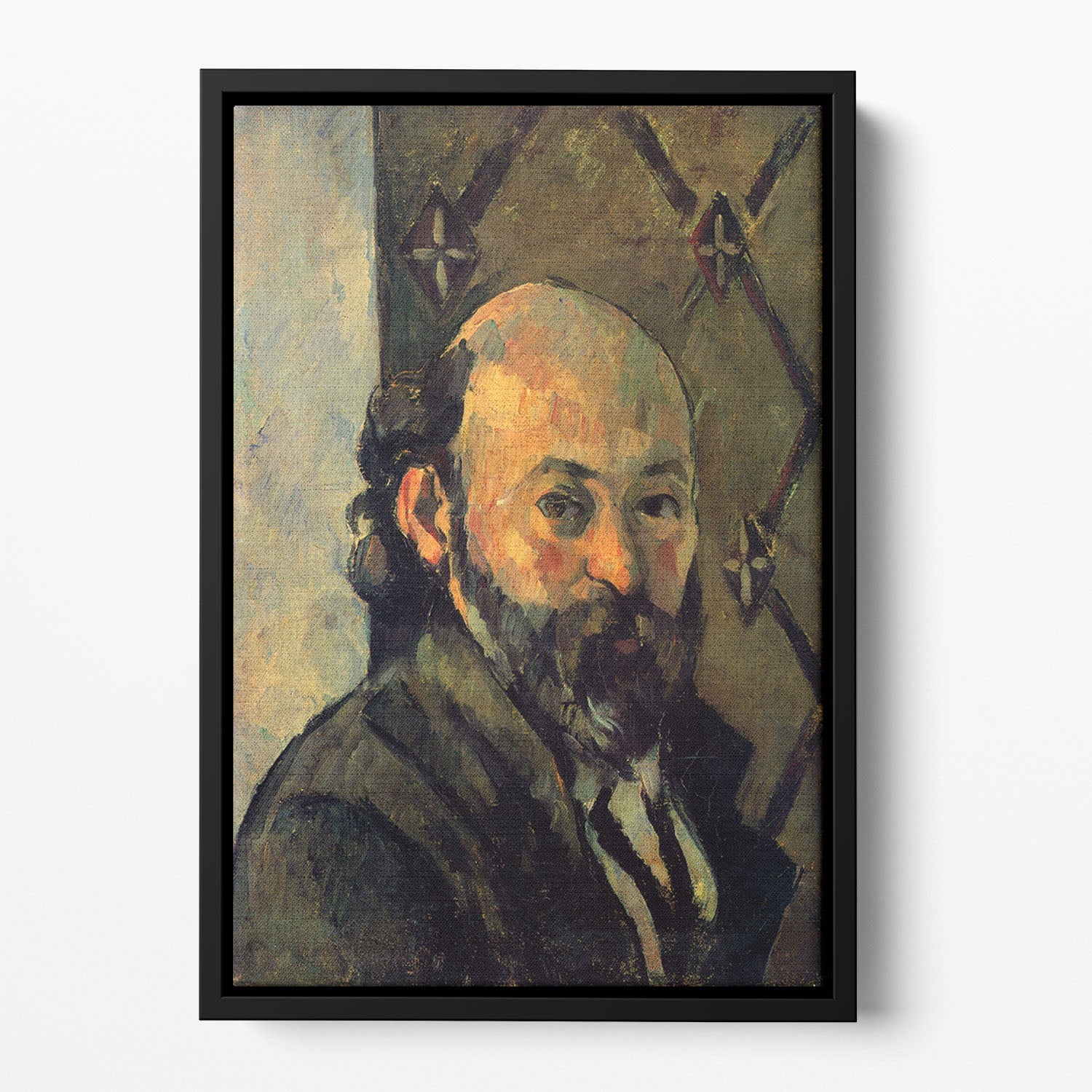 Self-portrait by Cezanne displayed in an elegant floating frame, showcasing vibrant colors and intricate details.