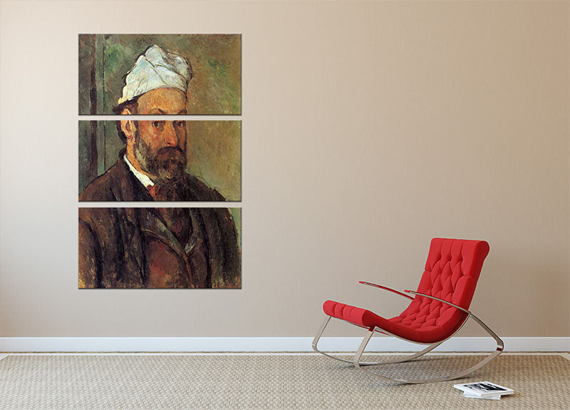 Three-panel canvas artwork featuring Cezanne's Self-portrait with a white turban, showcasing vibrant colors and intricate details.