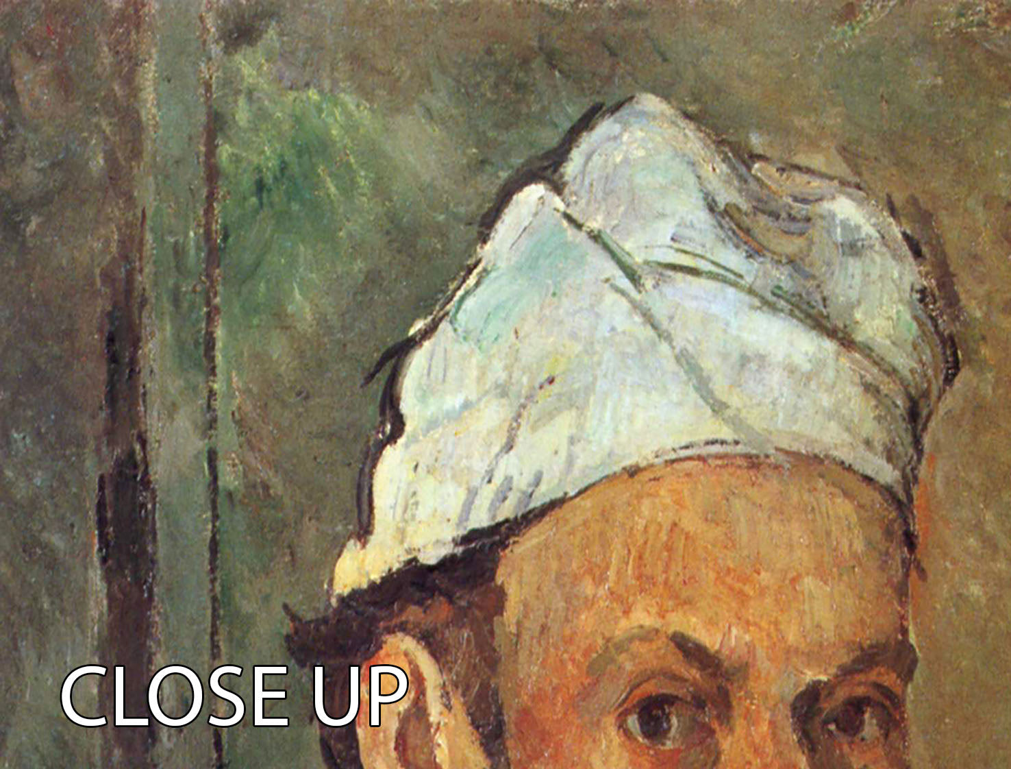Three-panel canvas artwork featuring Cezanne's Self-portrait with a white turban, showcasing vibrant colors and intricate details.