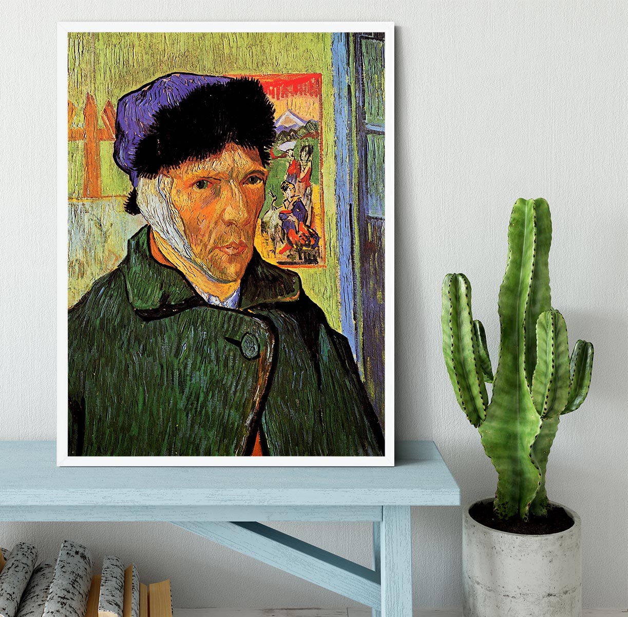 Framed print of Van Gogh's Self-Portrait with Bandaged Ear, showcasing vibrant colors and intricate details.