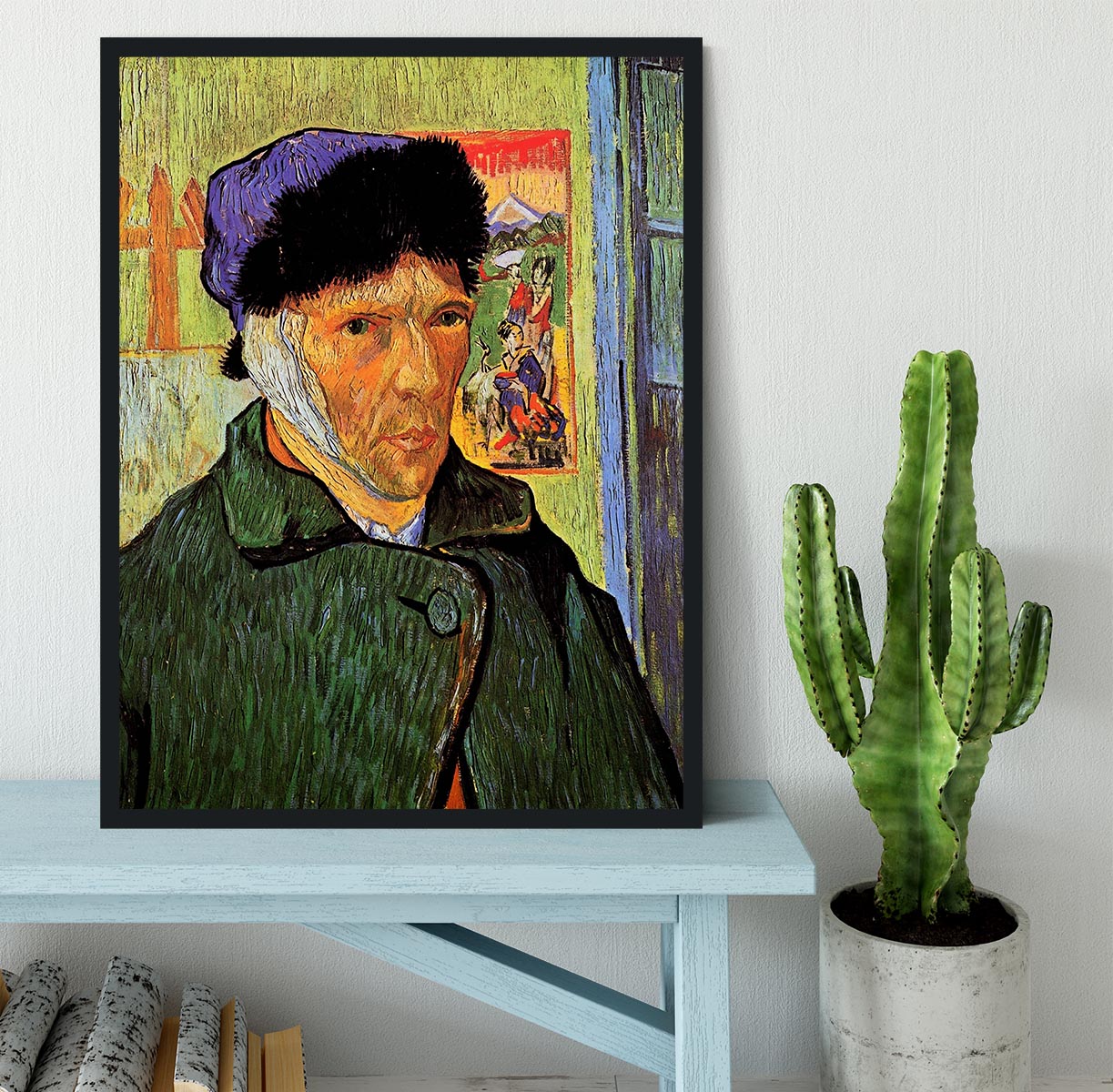 Framed print of Van Gogh's Self-Portrait with Bandaged Ear, showcasing vibrant colors and intricate details.