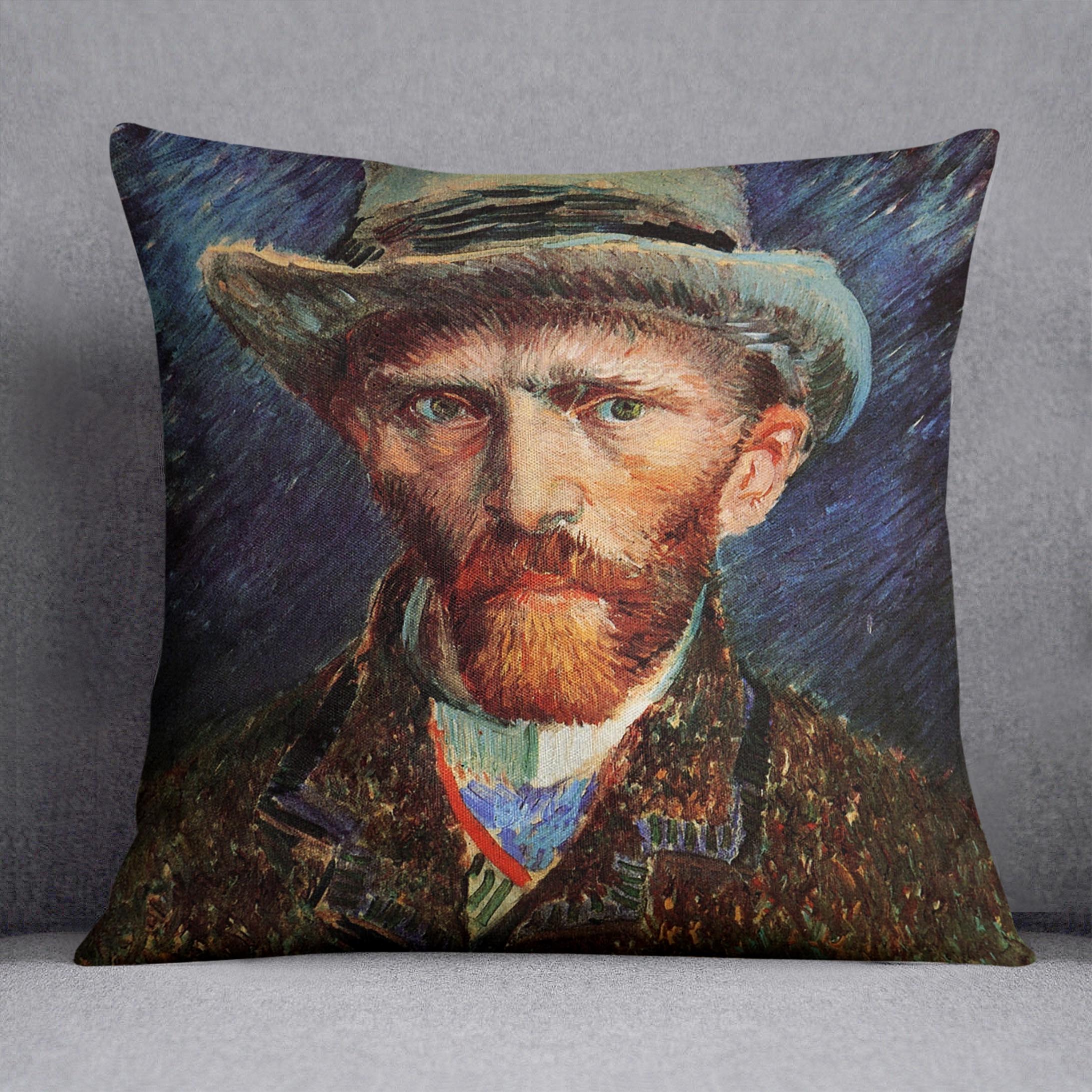 A plush cushion featuring Van Gogh's Self-Portrait with Grey Felt Hat, made from luxurious vegan faux suede, showcasing vibrant colors and intricate details.