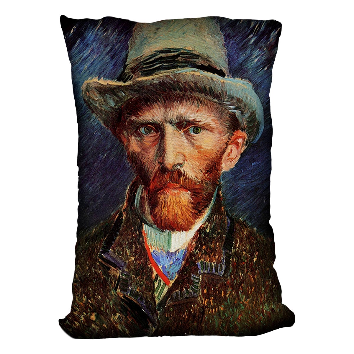 A plush cushion featuring Van Gogh's Self-Portrait with Grey Felt Hat, made from luxurious vegan faux suede, showcasing vibrant colors and intricate details.