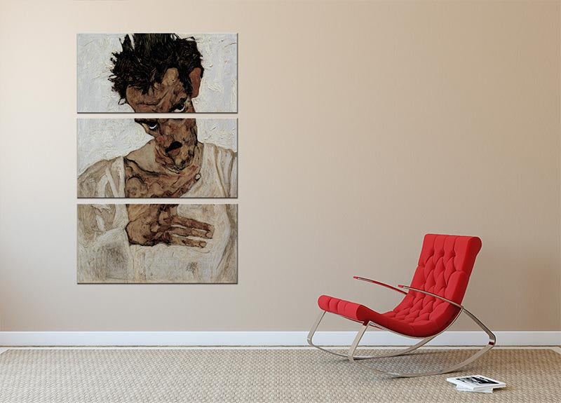 Three-panel canvas art featuring Egon Schiele's Self-portrait with lowered head, showcasing intricate details and vibrant colors.