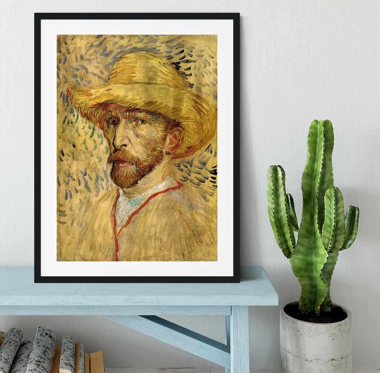 Framed print of Van Gogh's Self-Portrait with Straw Hat 2, showcasing vibrant colors and intricate details.