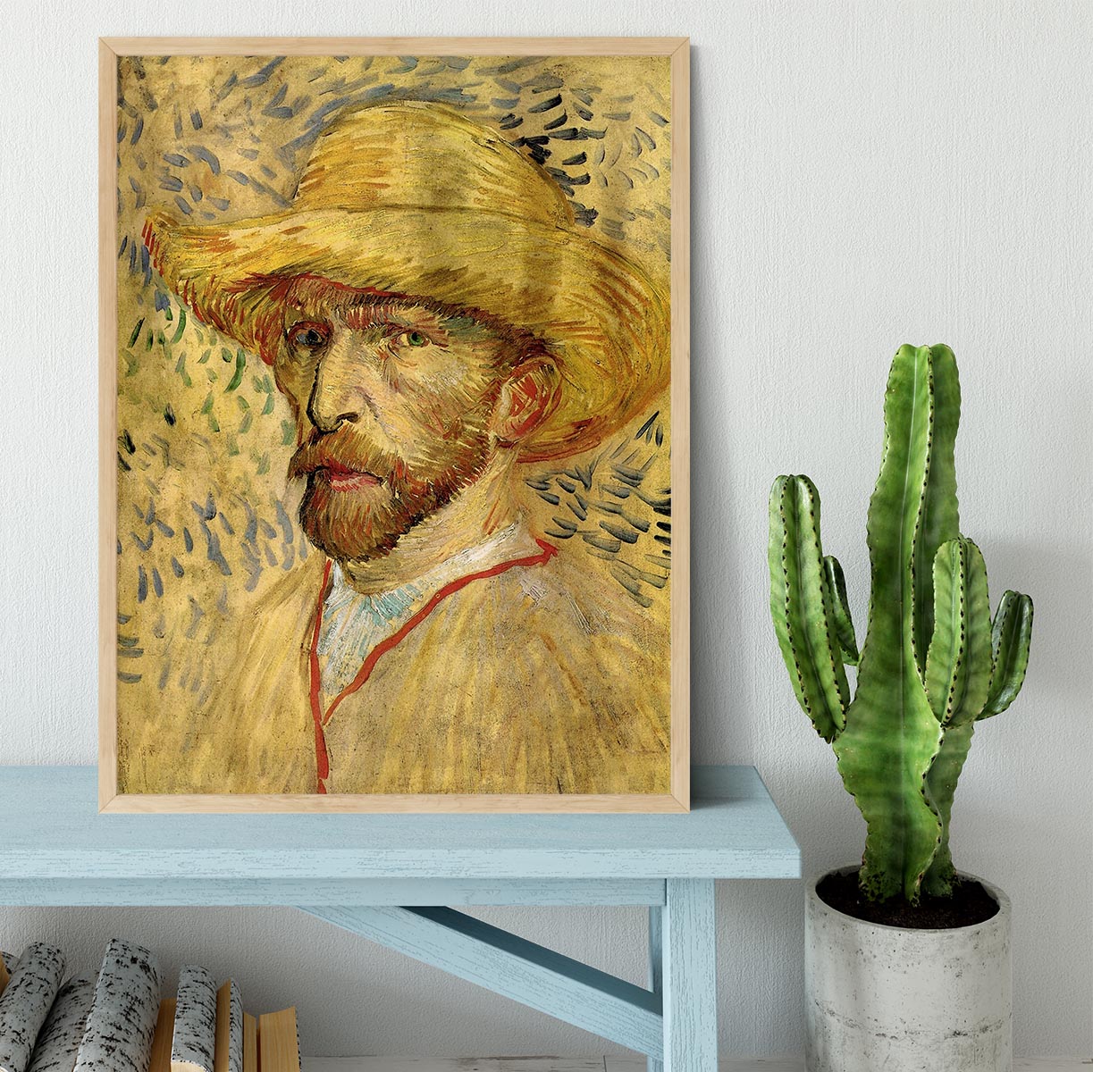 Framed print of Van Gogh's Self-Portrait with Straw Hat 2, showcasing vibrant colors and intricate details.
