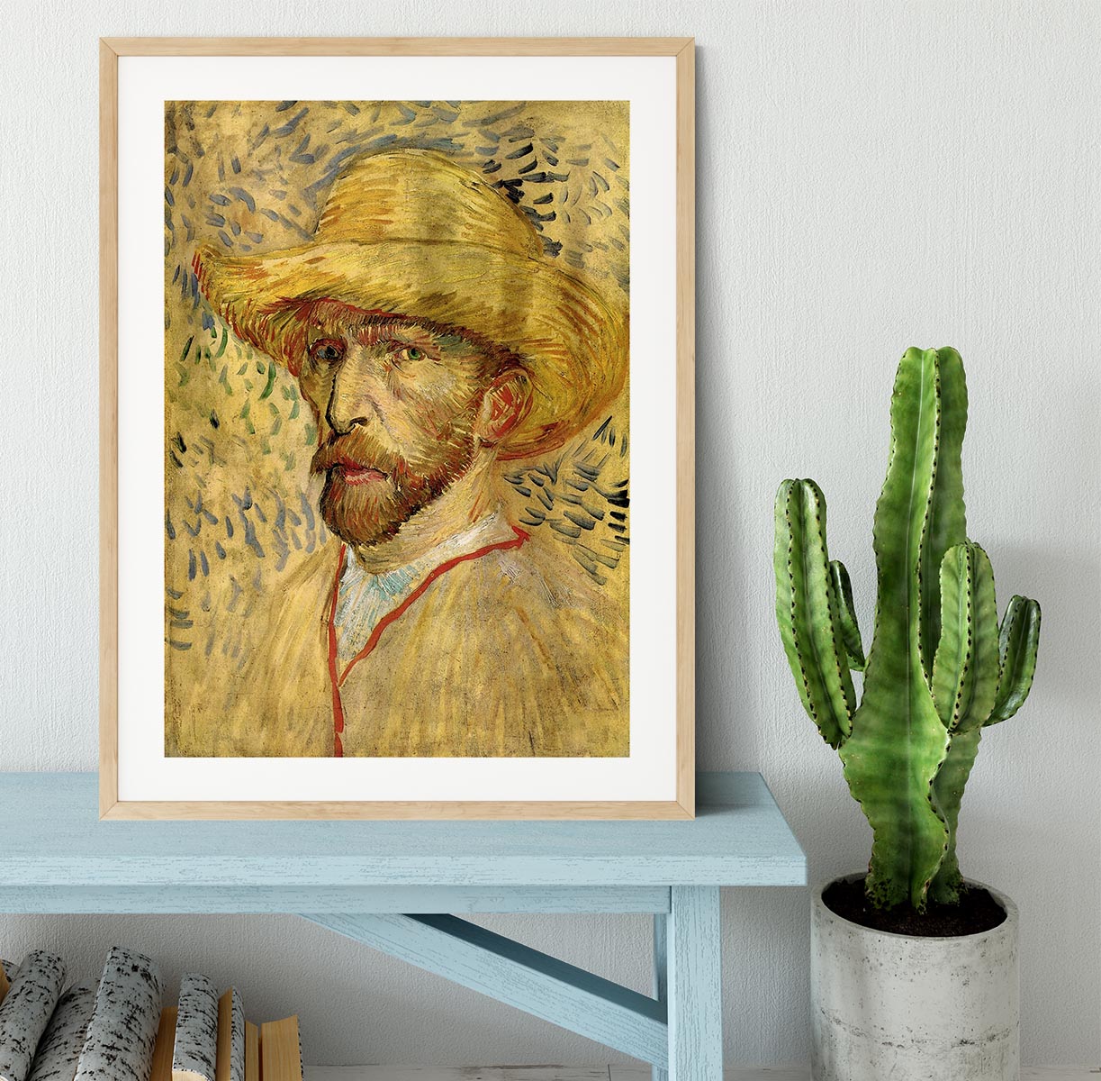Framed print of Van Gogh's Self-Portrait with Straw Hat 2, showcasing vibrant colors and intricate details.