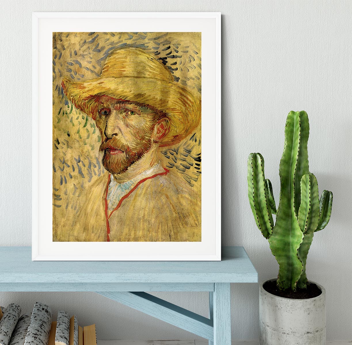 Framed print of Van Gogh's Self-Portrait with Straw Hat 2, showcasing vibrant colors and intricate details.