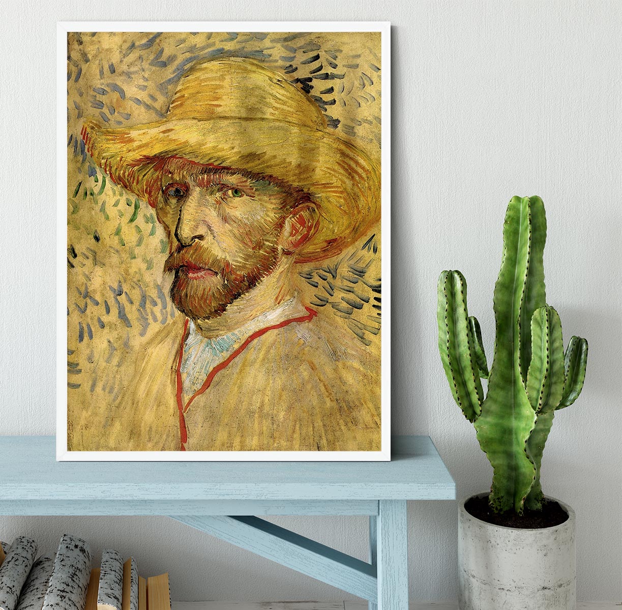 Framed print of Van Gogh's Self-Portrait with Straw Hat 2, showcasing vibrant colors and intricate details.