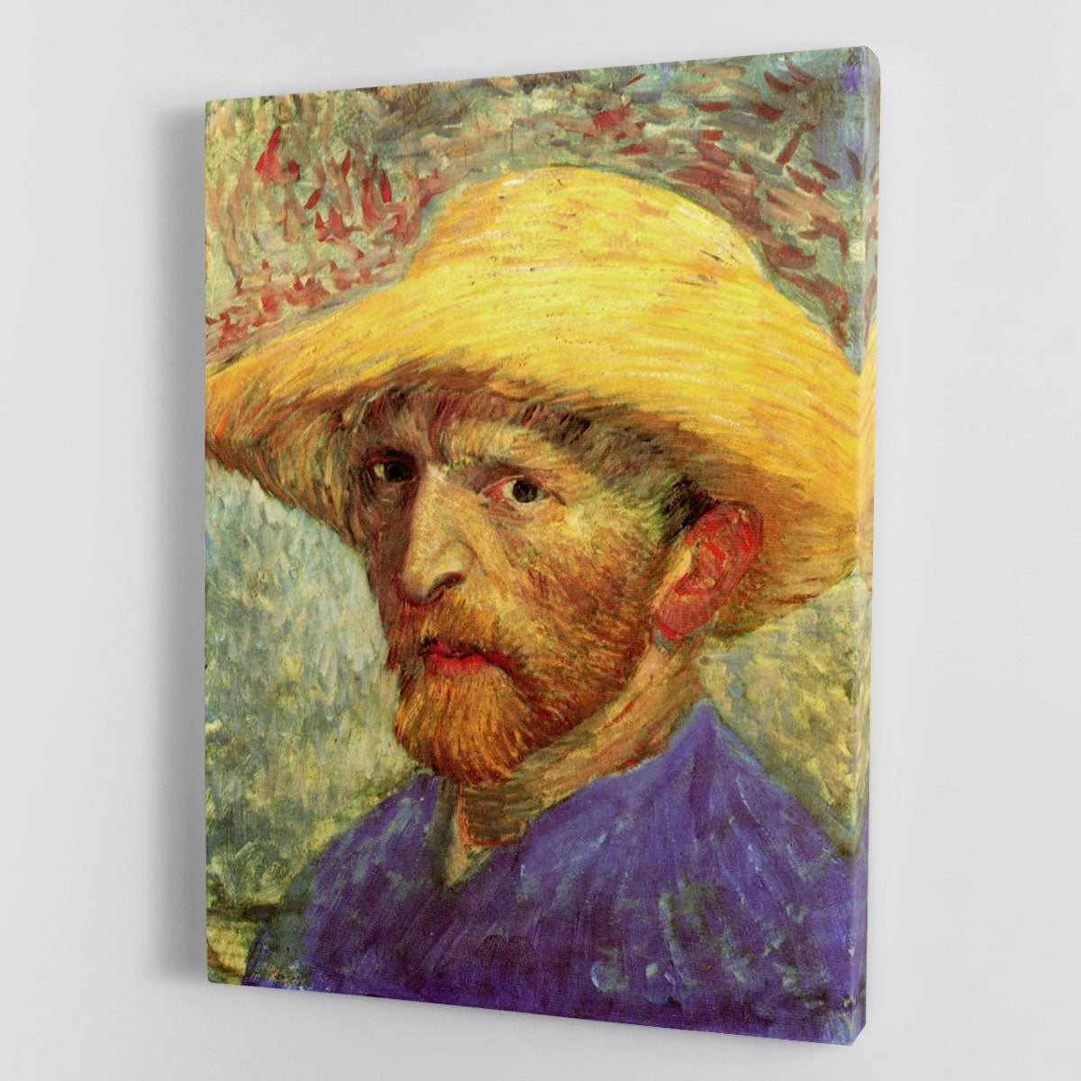 Canvas print of Van Gogh's Self-Portrait with Straw Hat, showcasing vibrant colors and expressive brushwork.