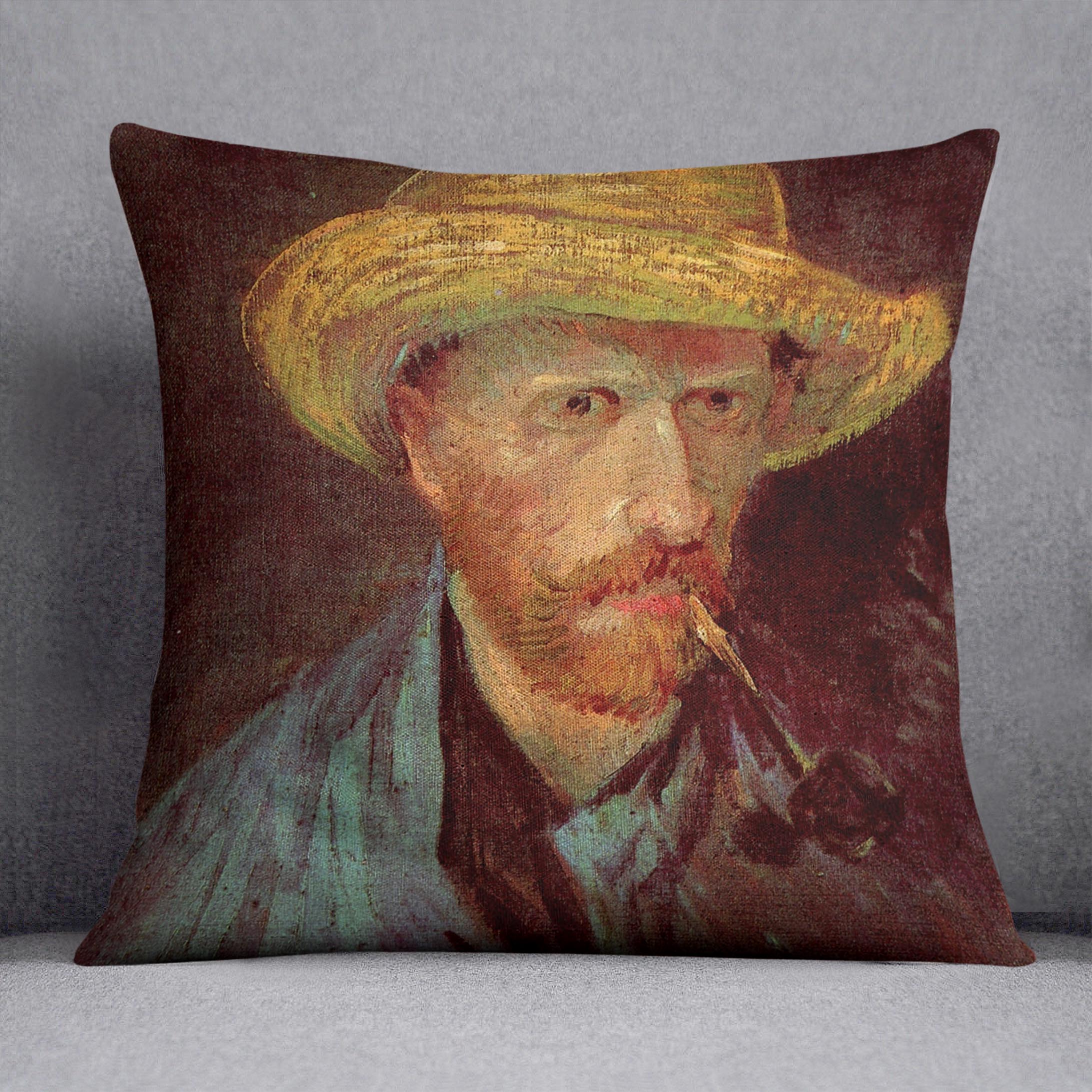 A vibrant cushion featuring Van Gogh's Self-Portrait with Straw Hat and Pipe, made from luxurious vegan faux suede.