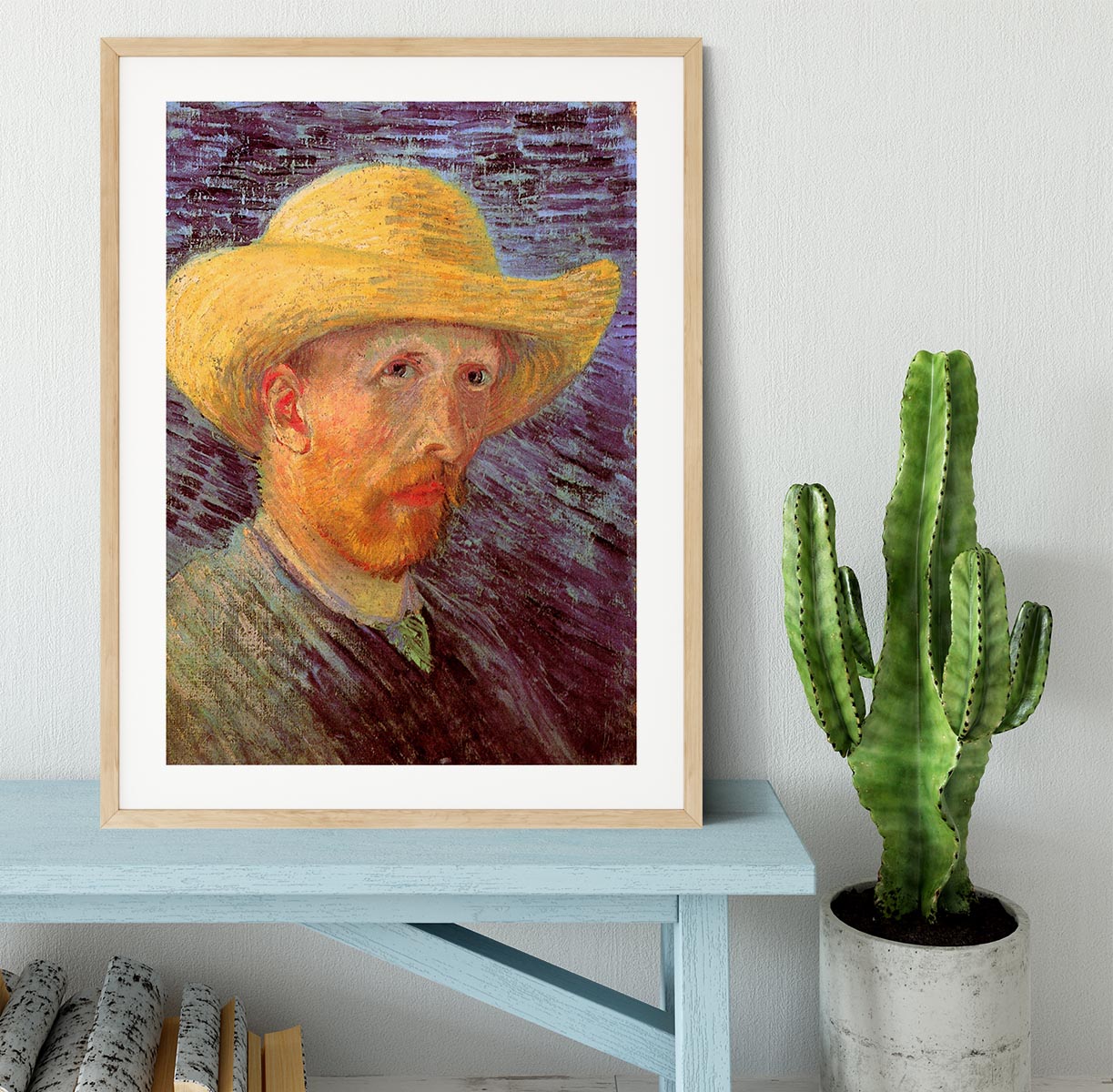 Framed print of Van Gogh's Self-Portrait with Straw Hat, showcasing vibrant colors and high-quality craftsmanship.