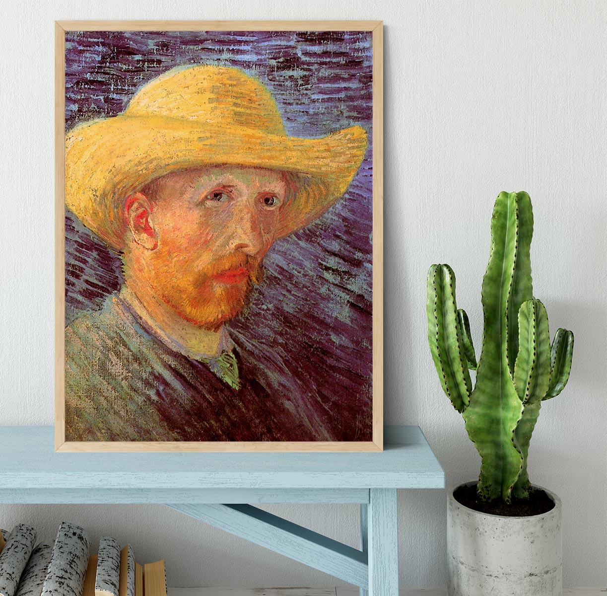 Framed print of Van Gogh's Self-Portrait with Straw Hat, showcasing vibrant colors and high-quality craftsmanship.