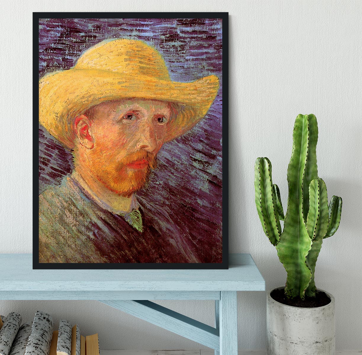 Framed print of Van Gogh's Self-Portrait with Straw Hat, showcasing vibrant colors and high-quality craftsmanship.