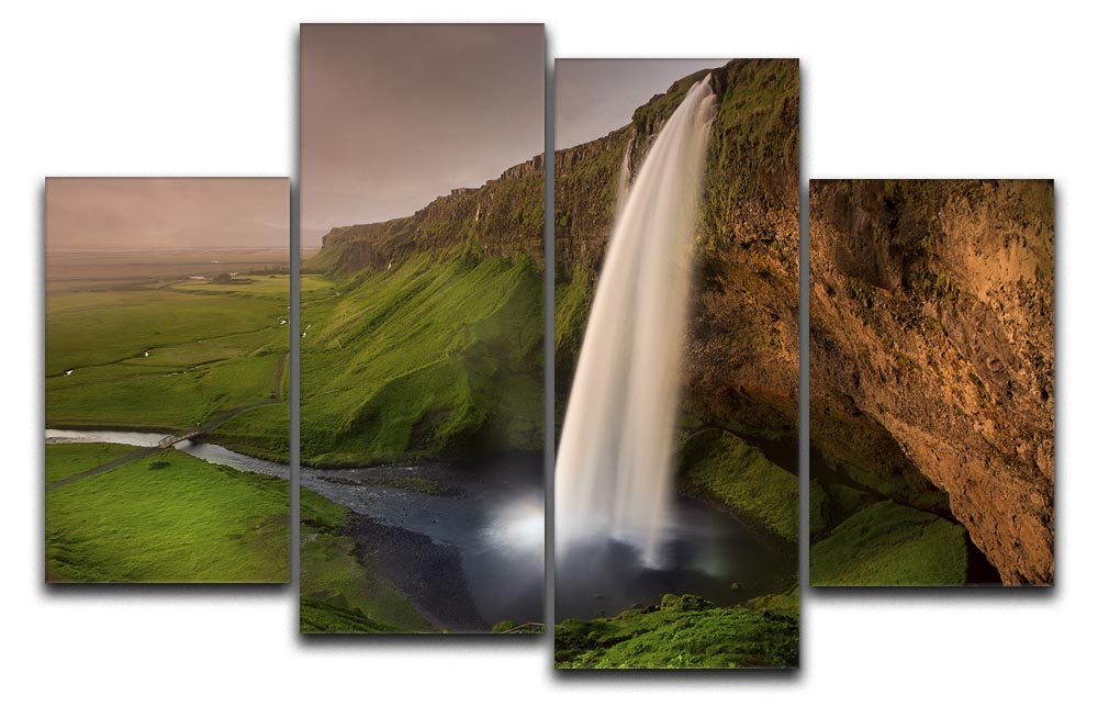 Seljalandsfoss 4 Split Panel Canvas artwork featuring a stunning waterfall divided into four panels.