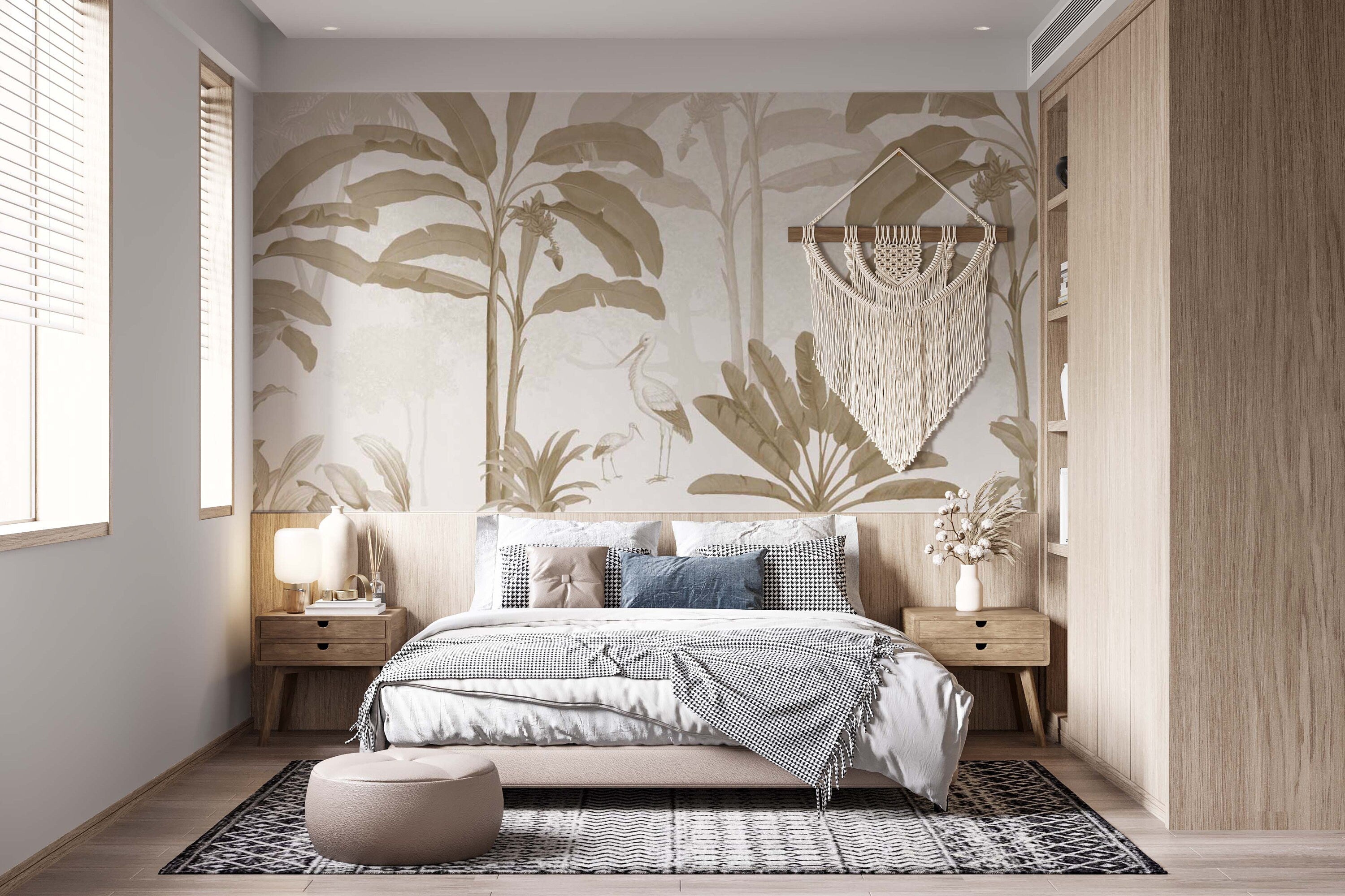 Sepia Tropical Jungle Mural showcasing exotic flora in serene tones, perfect for home decor.