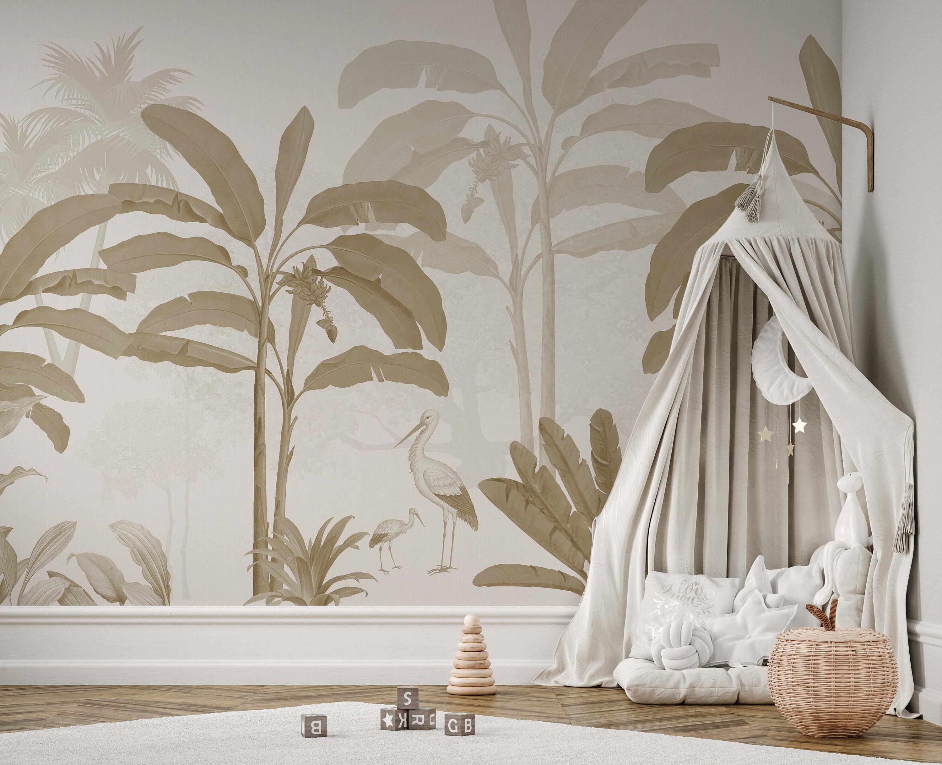 Sepia Tropical Jungle Mural showcasing exotic flora in serene tones, perfect for home decor.