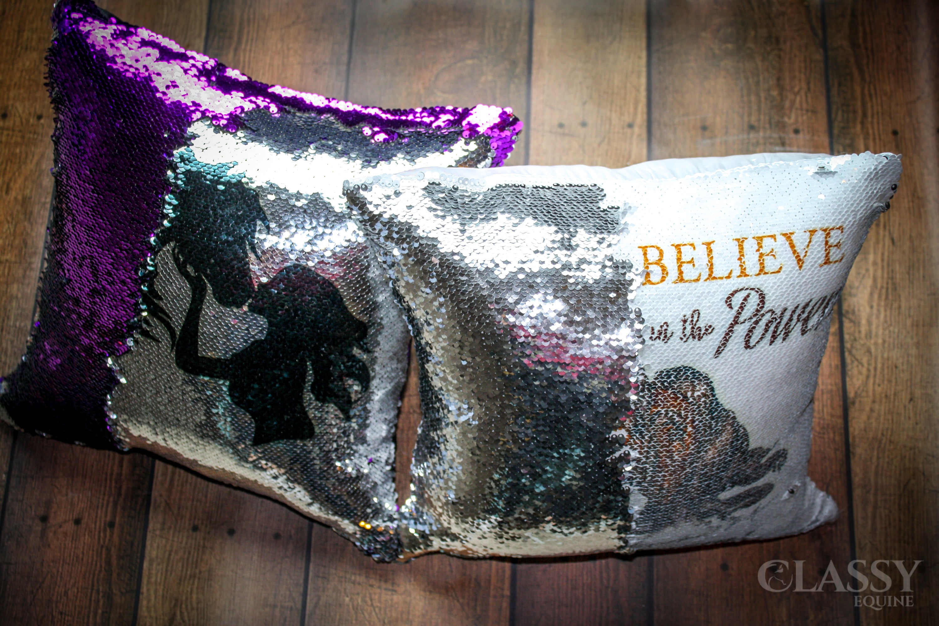 Personalized sequin pillow covers with vibrant sequins and soft faux suede backing, showcasing customizable graphics and text.