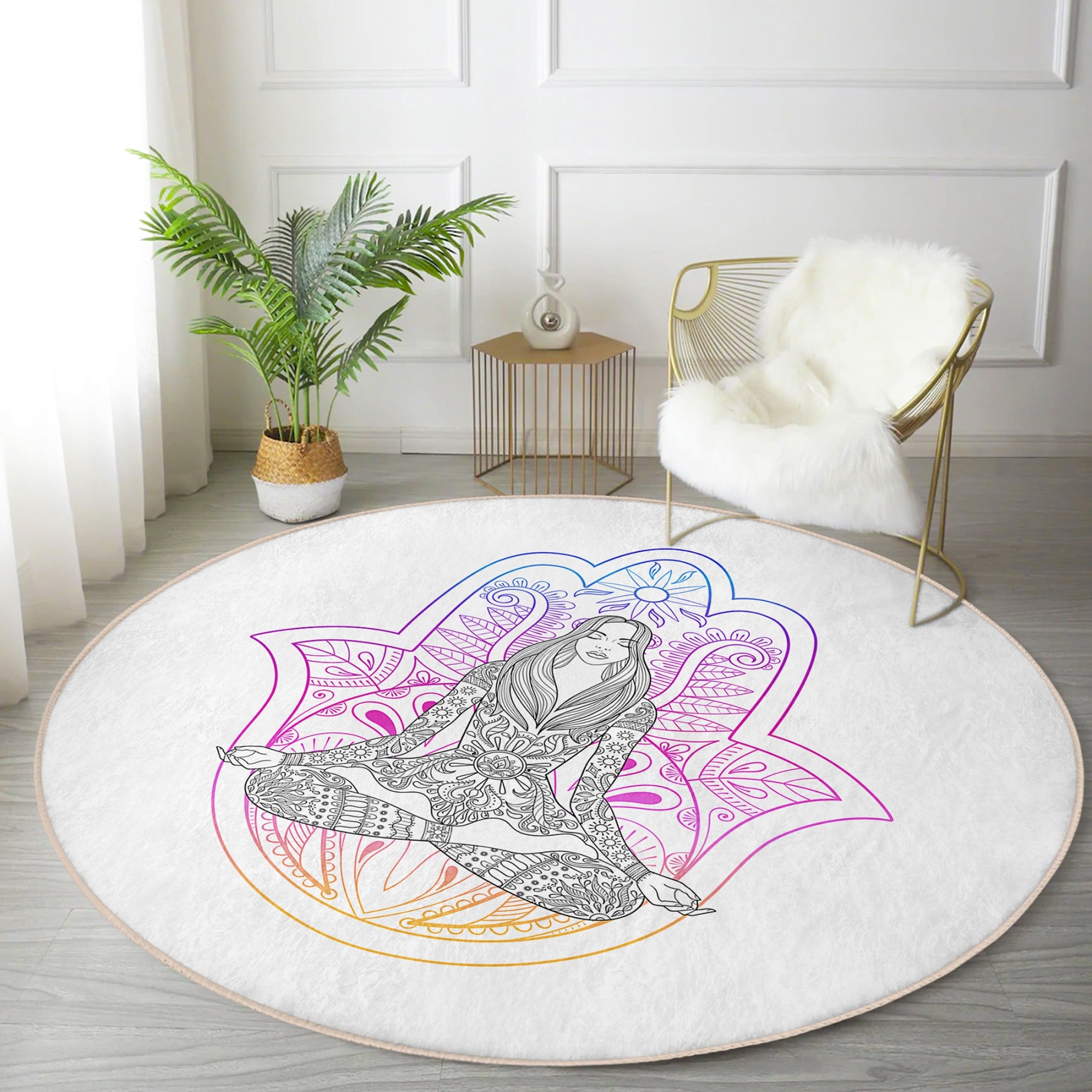 A soft, round yoga meditation rug featuring a serene pattern, perfect for enhancing yoga practice and home decor.