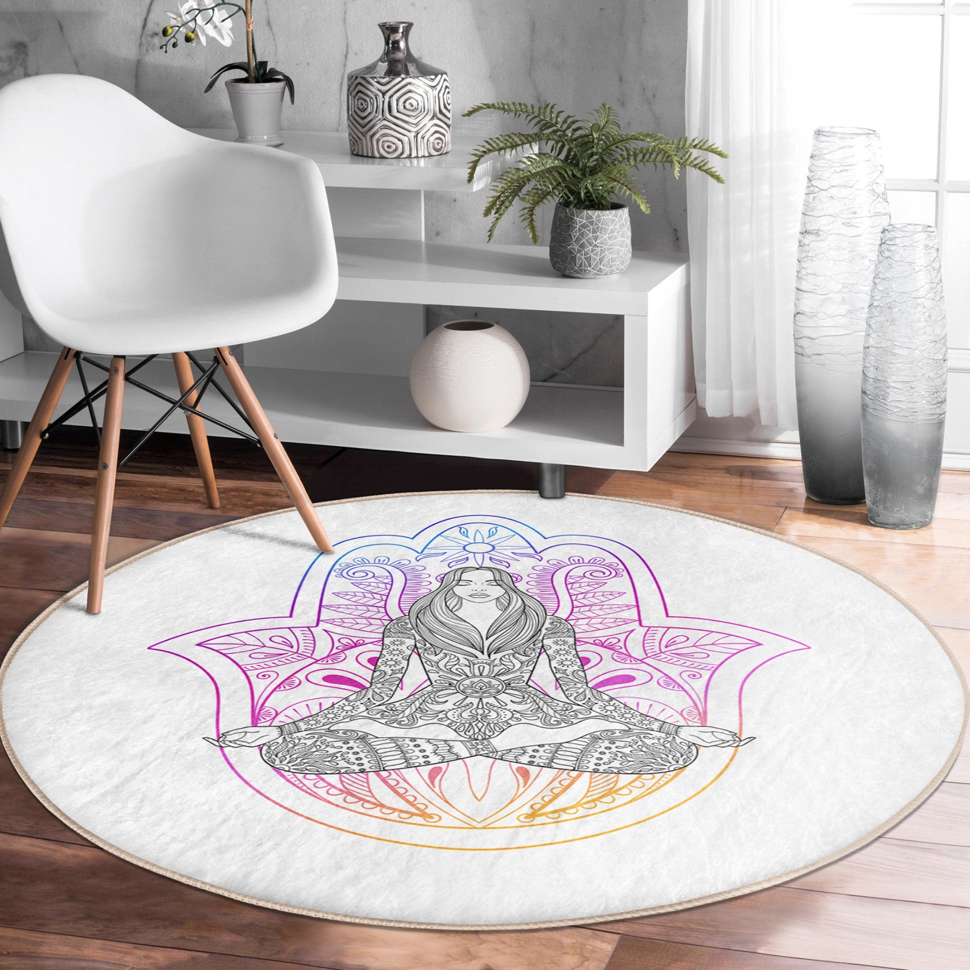 A soft, round yoga meditation rug featuring a serene pattern, perfect for enhancing yoga practice and home decor.