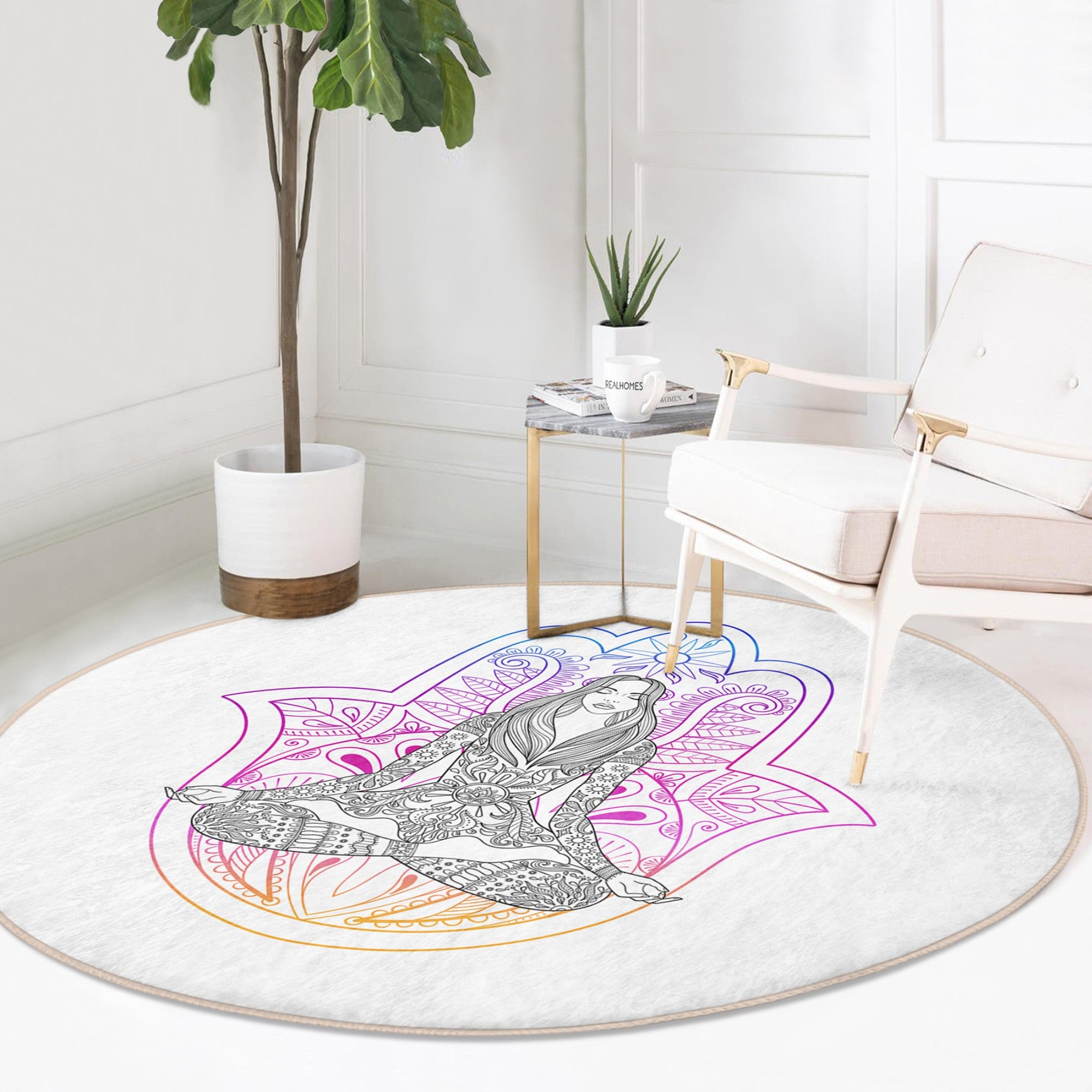 A soft, round yoga meditation rug featuring a serene pattern, perfect for enhancing yoga practice and home decor.