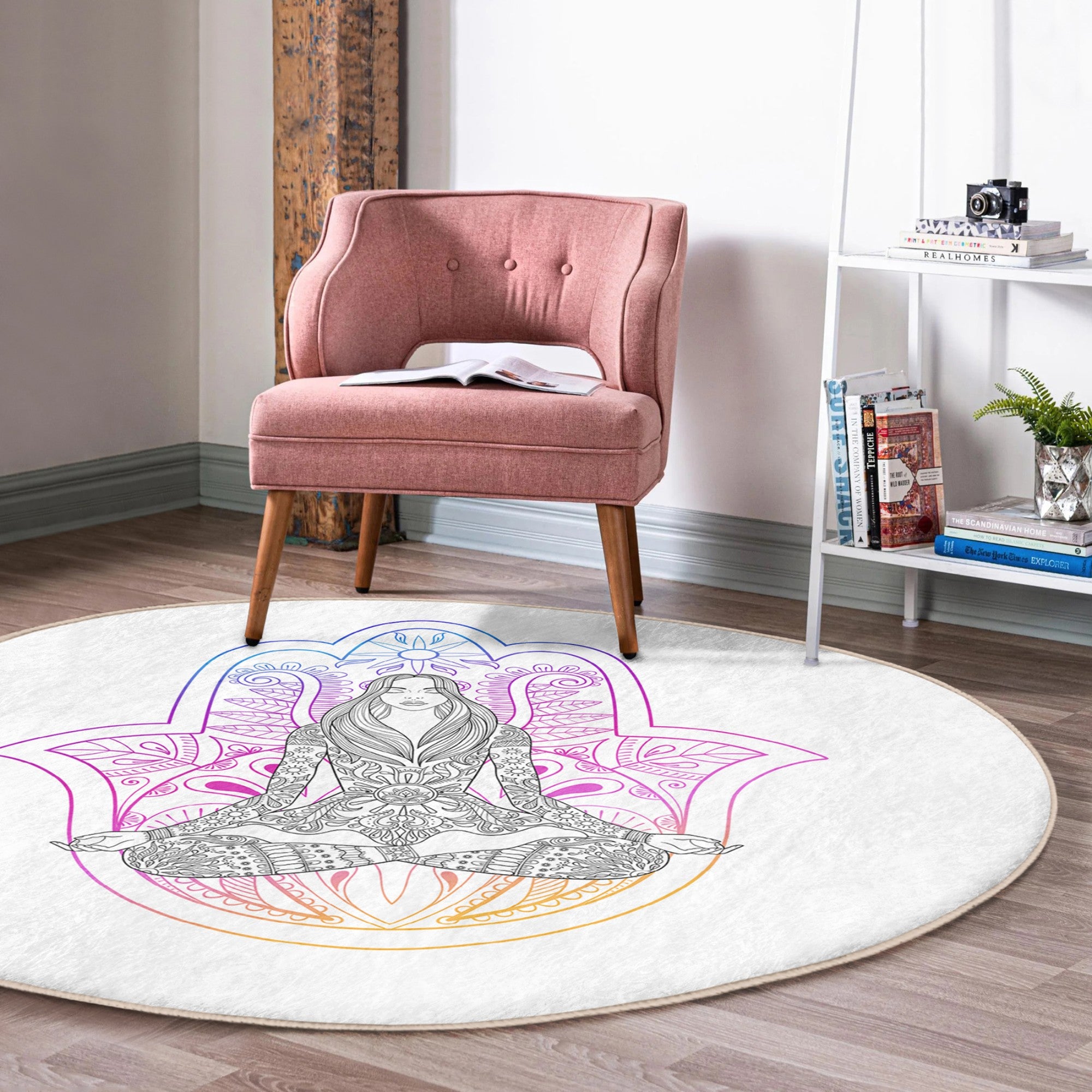 A soft, round yoga meditation rug featuring a serene pattern, perfect for enhancing yoga practice and home decor.