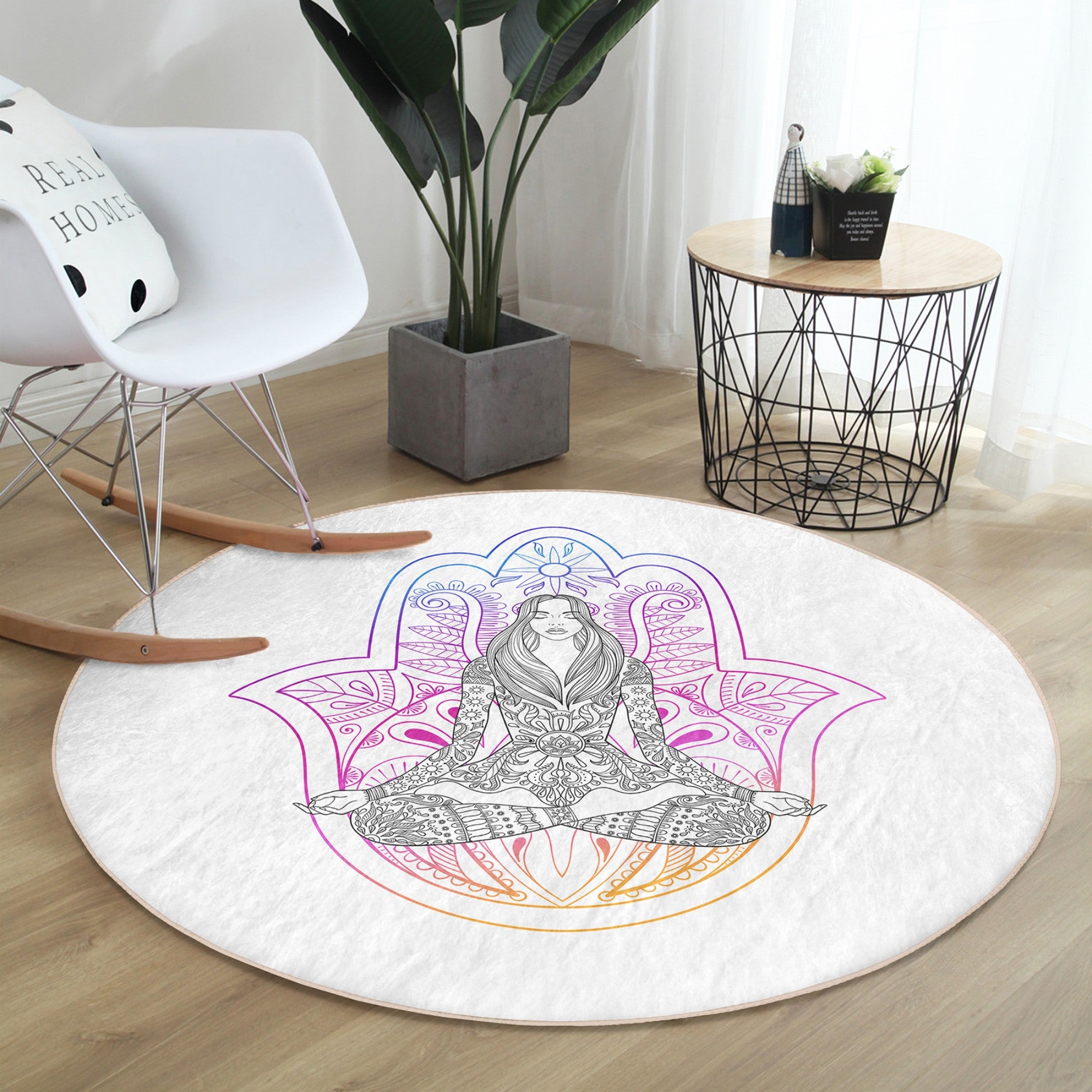 A soft, round yoga meditation rug featuring a serene pattern, perfect for enhancing yoga practice and home decor.