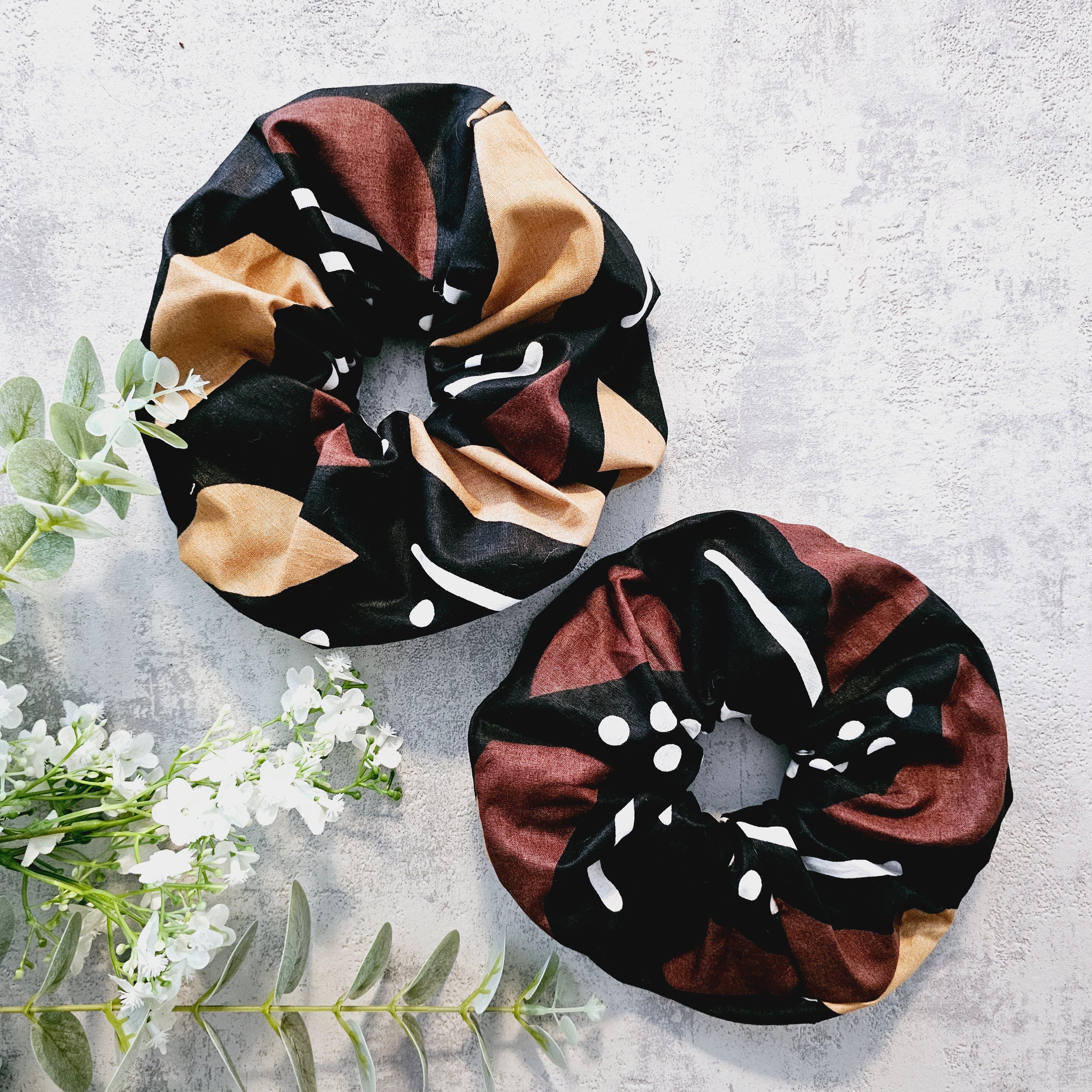Set of 2 XL Hair Scrunchies in vibrant colors, showcasing their durable fabric and double-elastic design.