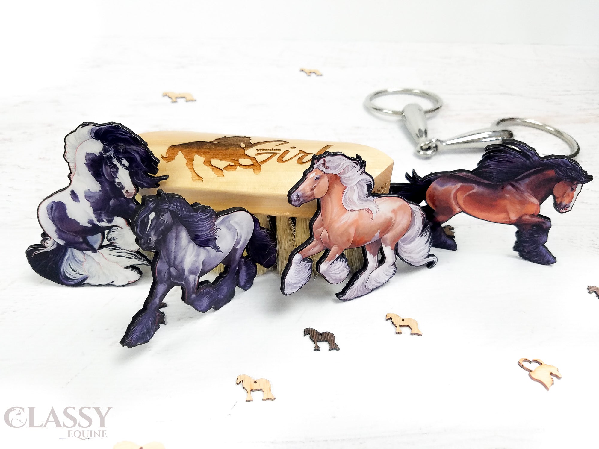 Set of 4 handmade Gypsy Horse ornaments made from composite wood, featuring intricate laser-cut designs and ribbons for hanging.