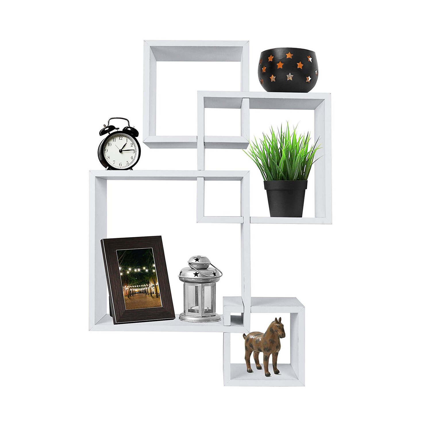 Set of 4 intersecting decorative wall shelves in white, black, and brown, showcasing stylish home storage solutions.