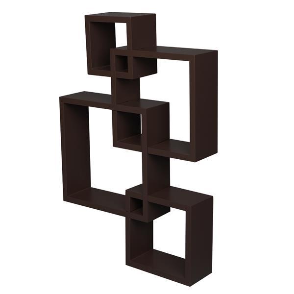 Set of 4 intersecting decorative wall shelves in white, black, and brown, showcasing stylish home storage solutions.