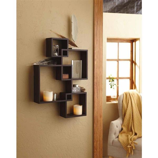 Set of 4 intersecting decorative wall shelves in white, black, and brown, showcasing stylish home storage solutions.