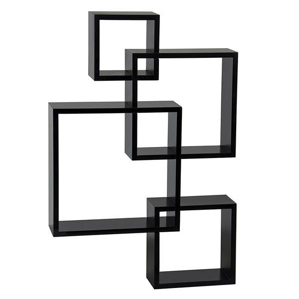 Set of 4 intersecting decorative wall shelves in white, black, and brown, showcasing stylish home storage solutions.
