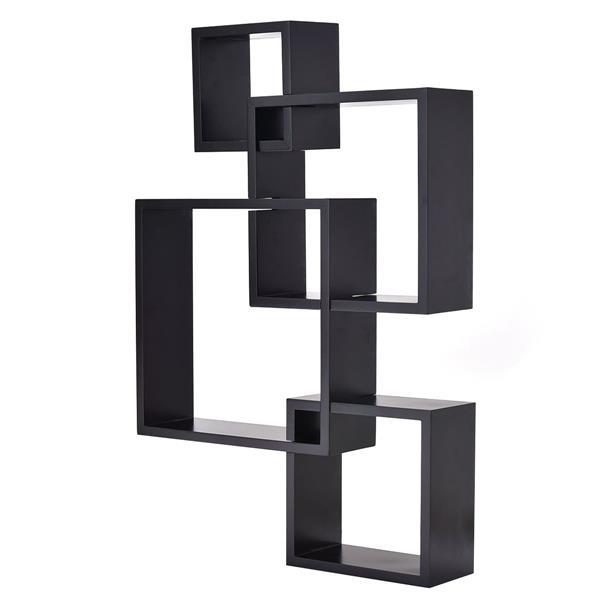 Set of 4 intersecting decorative wall shelves in white, black, and brown, showcasing stylish home storage solutions.