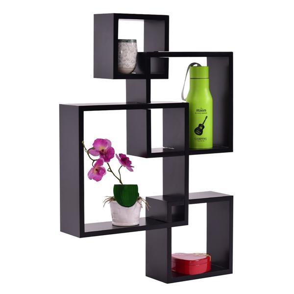 Set of 4 intersecting decorative wall shelves in white, black, and brown, showcasing stylish home storage solutions.
